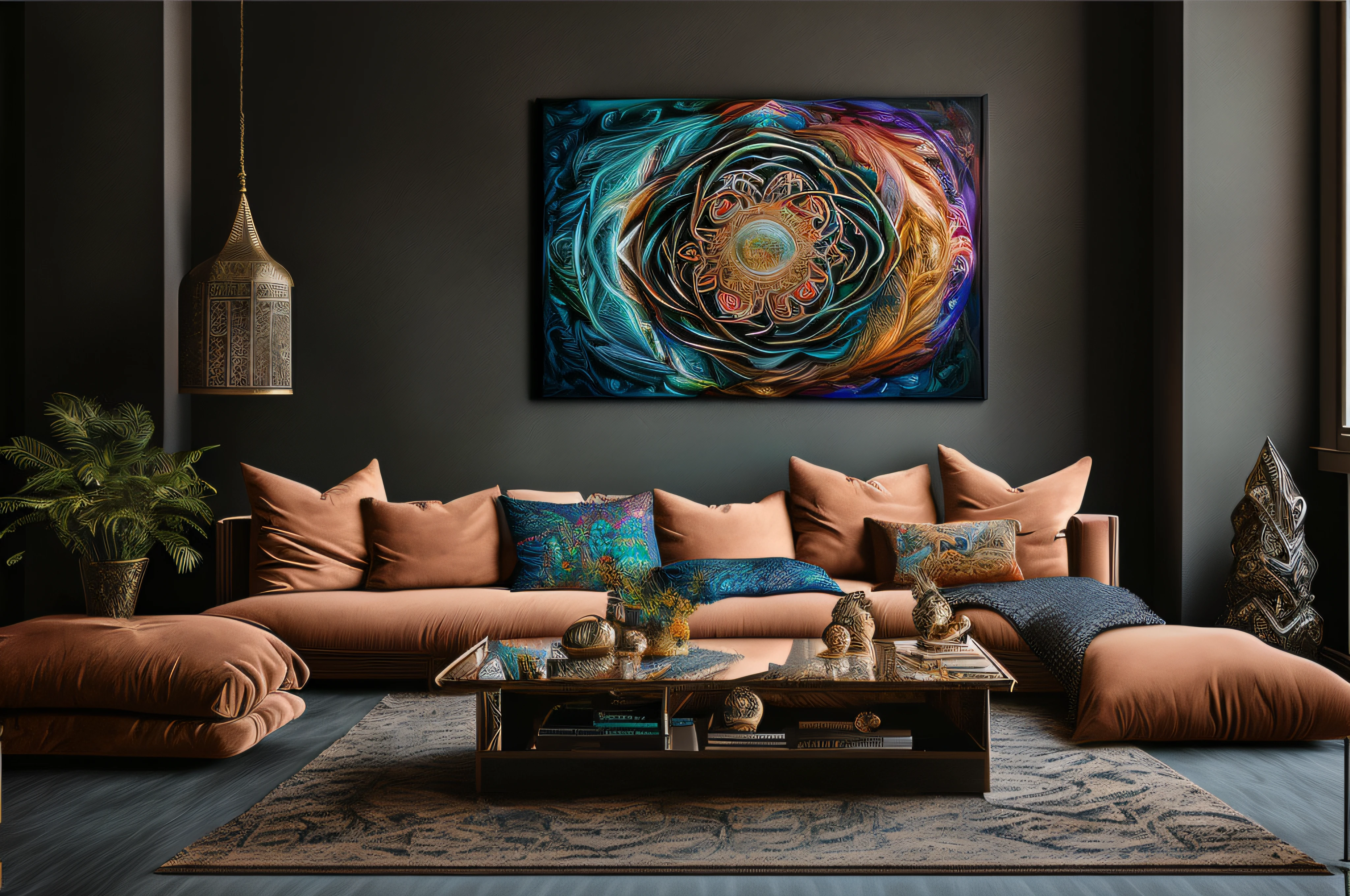 arafed living room with a couch, coffee table, and a painting, overlaid sacred geometry, coherent symmetrical artwork, sacred geometry, visionary art style, sacred fractal structures, fractal sacred geometry, sacred geometry melting, dmt space behind, infinite intricacy, highly detailed visionary art, spiritual abstract forms, flower of life, canvas art print, metaphysical painting