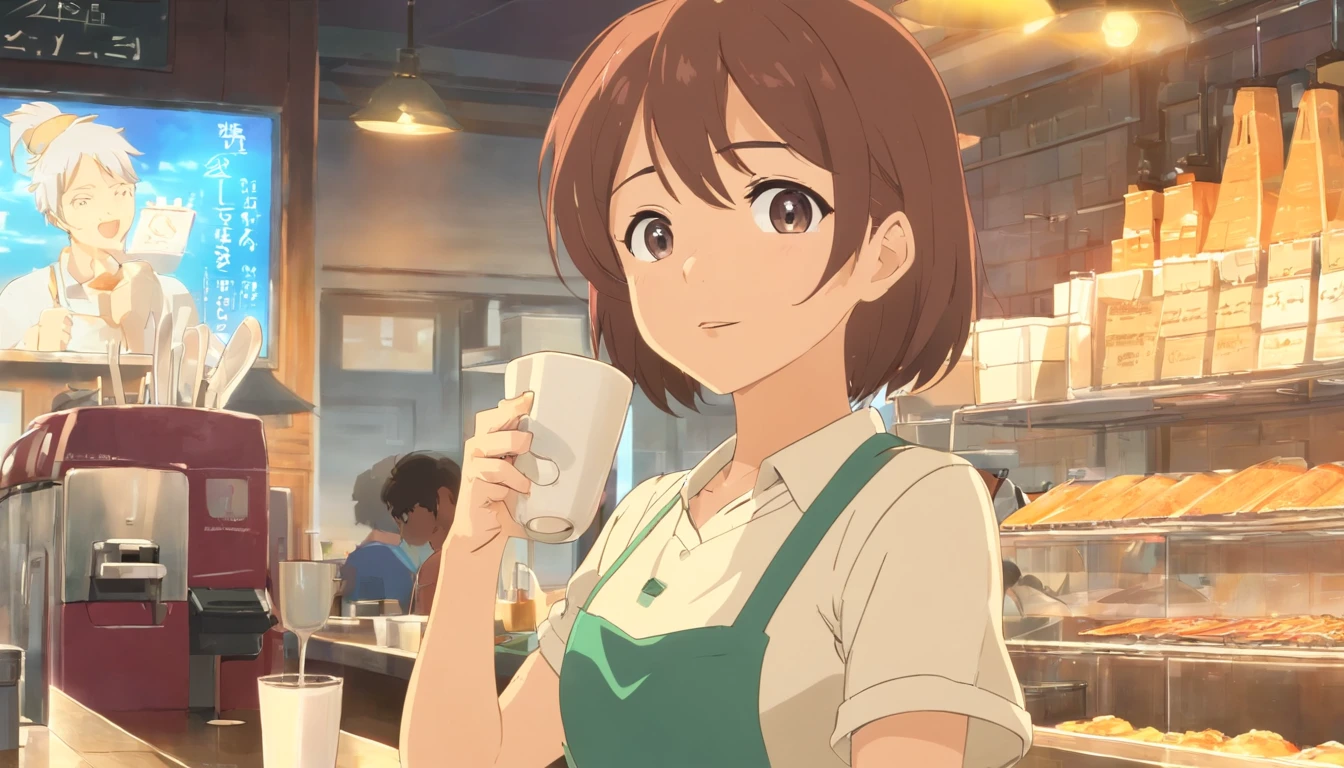 Uma bela jovem que trabalha de barista, sorridente, Behind a counter with a white blouse and brown apron, cabelos preso com um coque, ela serve o cliente, um jovem bonito, who is a business owner, She spills the coffee on the handsome young man, ela faz uma cara de assutada