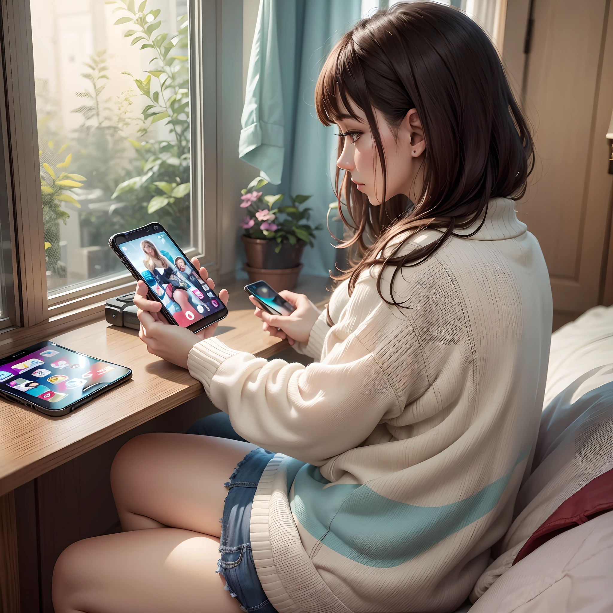 a woman watching videos on mobile phone sitting in bedroom --auto --s2
