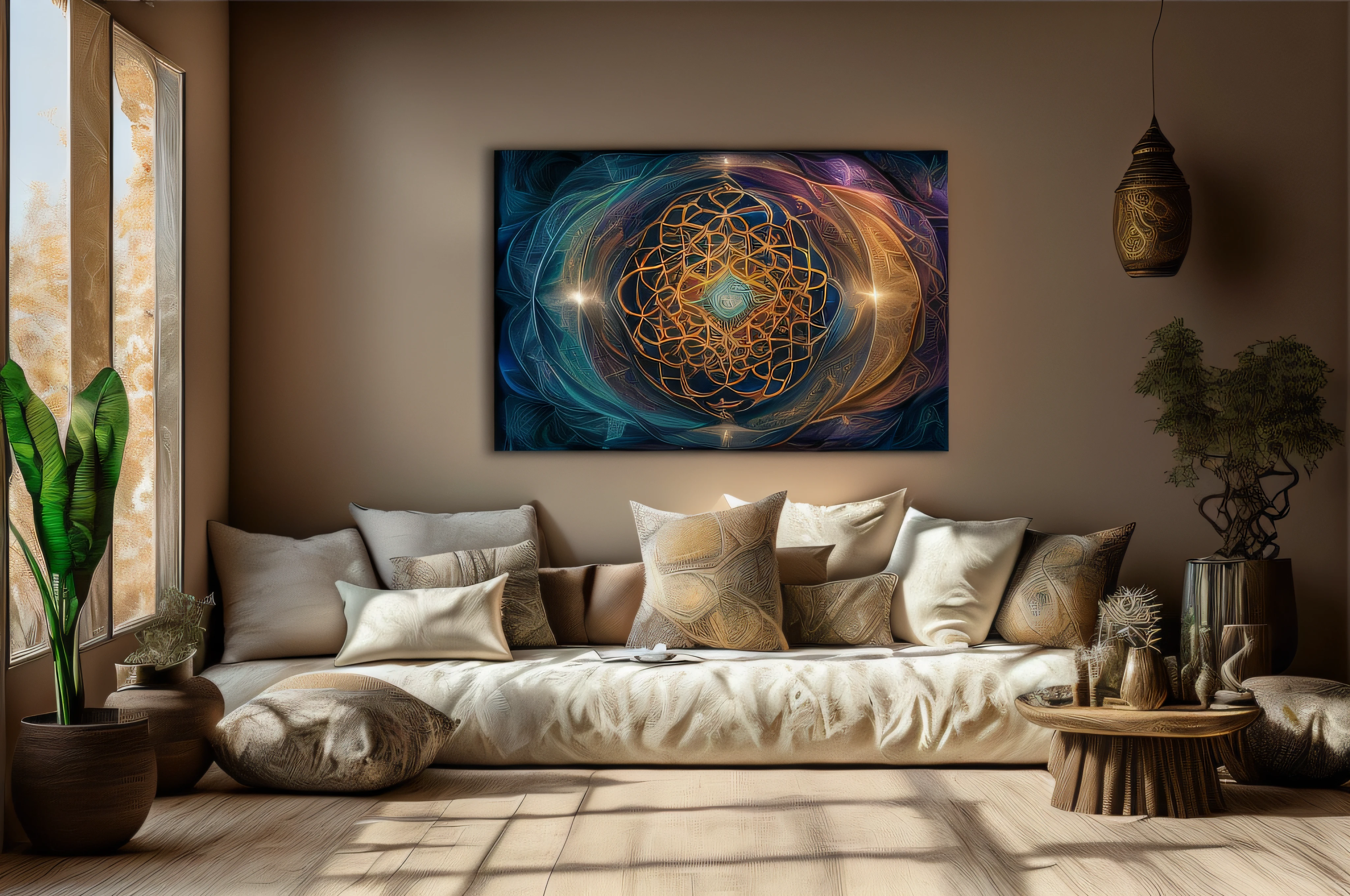 there is a couch with pillows and pillows in a room, coherent symmetrical artwork, overlaid sacred geometry, fractal sacred geometry, sacred geometry, visionary art style, canvas art print, sacred geometry melting, sacred fractal structures, spiritual abstract forms, highly detailed visionary art, 3d geometric abstract art, dmt space behind, sacred geometry pattern, consciousness projection