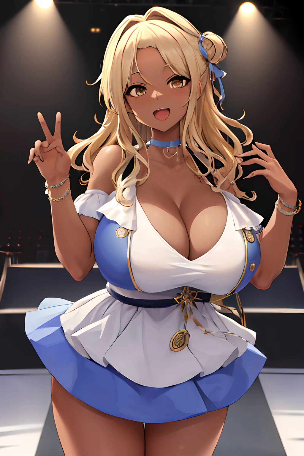 masterpiece, best quality, highres, hmhinana, long hair, single hair bun, hair ribbon, blue choker, idol, jewelry, collarbone, cleavage, dress, short sleeves, layered skirt, badge, smile, standing, cowboy shot, stage, open mouth, reaching out, (hyper breast, gigantic breast, huge breast), chubby, plump, revealing clothes, (blonde hair:1.3), (dark skin:1.3), (dark-skinned female:1.3)