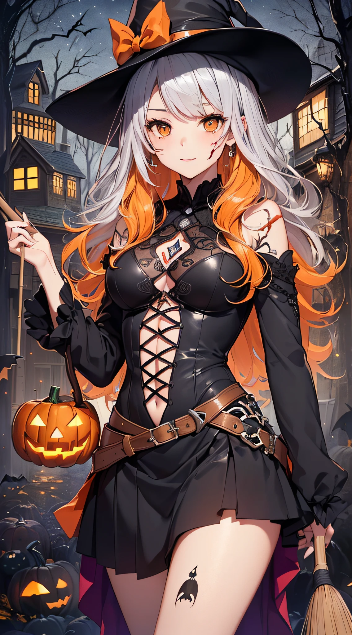 top-quality、Top image quality、masterpiece、teens girl((18year old,Black Wizard Hat、Black and orange sexy clothes,Orange and black skirt、Orange muffler,Best Bust、Bust 85、blonde hair、Longhaire,silver eye、open chest wide、Valley、Happiness、A slender、Blood coating、Emphasis on the chest、Bats tattoo、Wooden broom))hiquality、Beautiful Art、Background with((natta、dark sky、Halloween at night、the bats、pumpkins,Nightmare、Halloween、in woods))、Depth(Beautiful black house),masutepiece、Elaborate design、visualart、Theater Screen、