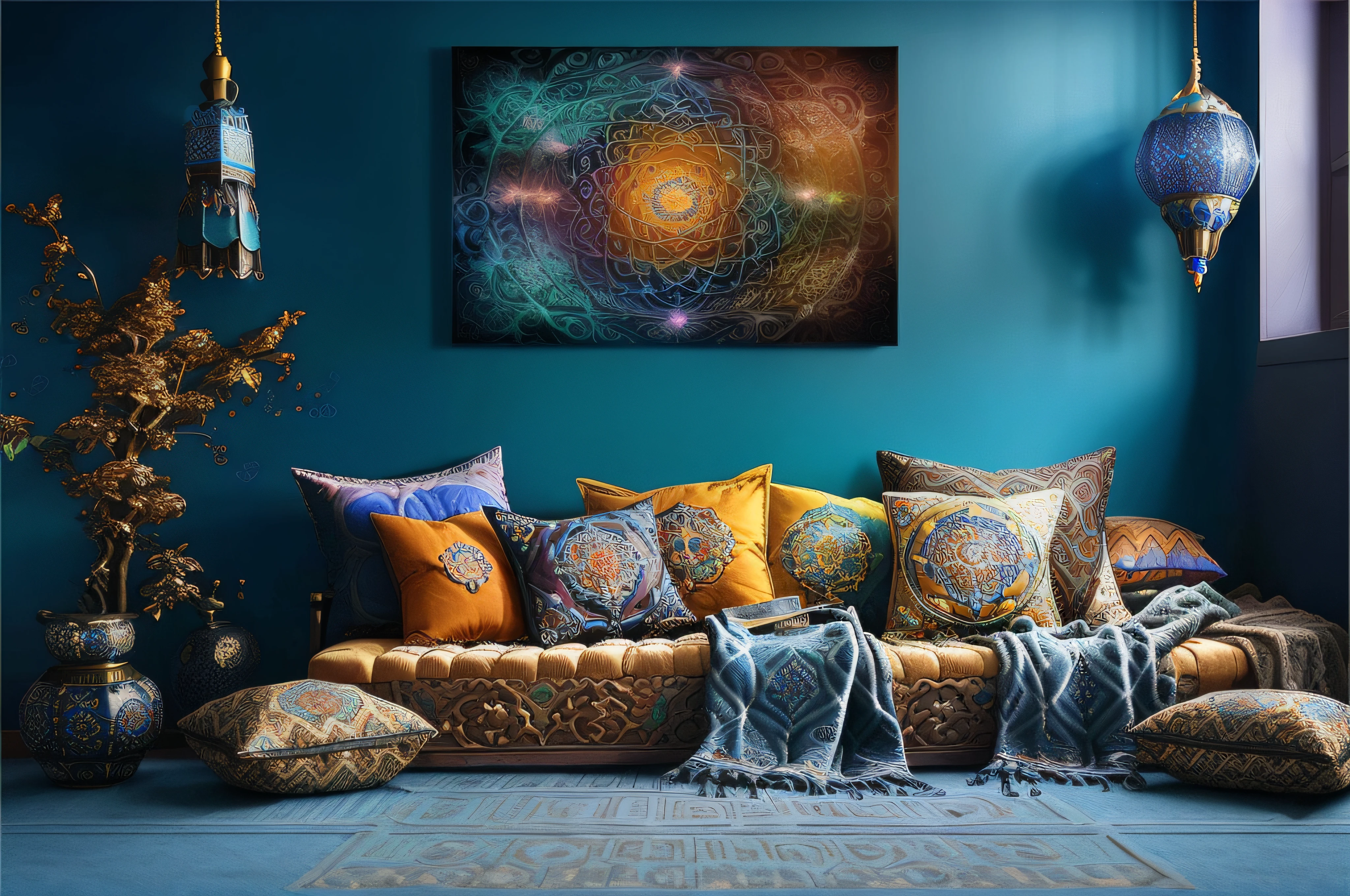 arafed couch with pillows and blankets in a blue room, overlaid sacred geometry, sacred geometry, visionary art style, sacred fractal structures, flower of life, highly detailed visionary art, sacred geometry melting, fractal sacred geometry, dmt space behind, infinite intricacy, coherent symmetrical artwork, infinite psychedelic waves, epic shamanic dmt art