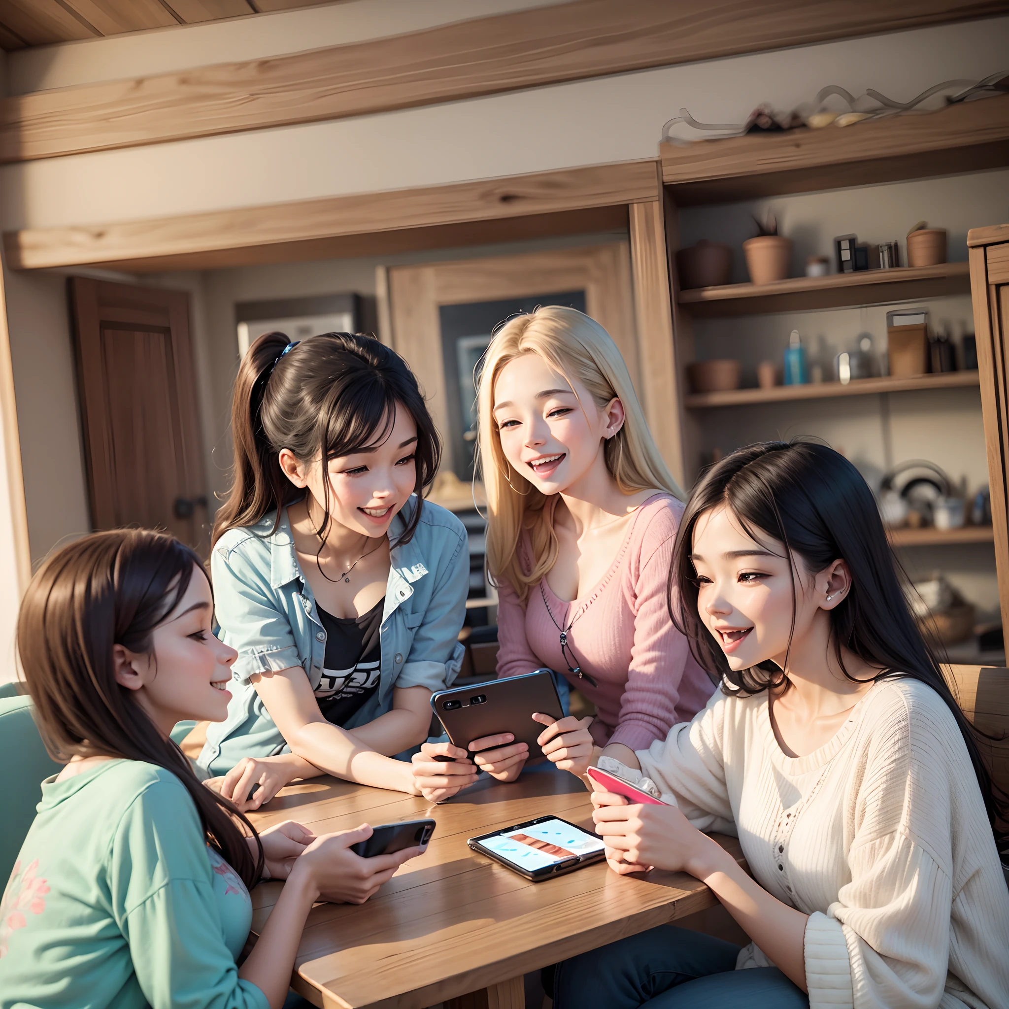 friends watching videos on phone happy mood inside the house --auto --s2