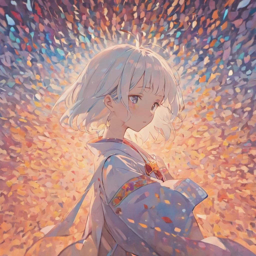 (White background:1.4),(Full body silhouette of a girl, Eyes closed, Colorful shorthair, Oriental elements)，(japanese illustration:1.3，paper art:1.3, Quilted Paper Art:1.2),( Reasonable design, Clear lines, High Sharpness,Best Quality, Very detailed, masutepiece, Movie Light Effects, 4K )