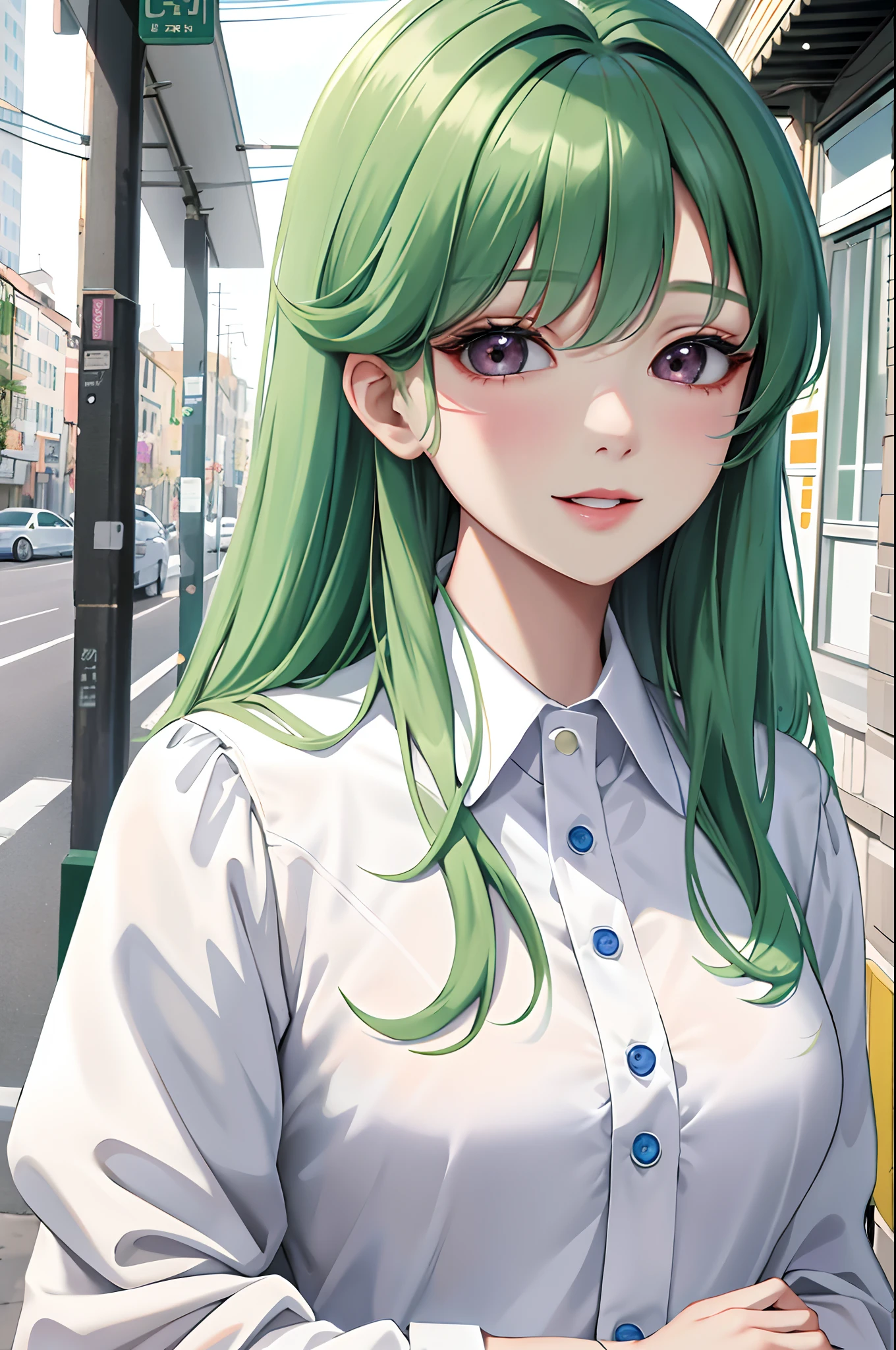 Absurdres, Masterpiece, Best quality, light colors, pastel colors, korean girl with Beautiful face , a character from kdrama , green hair with bangs, doll eyes, happy face, formal clothes, street background, detailed background