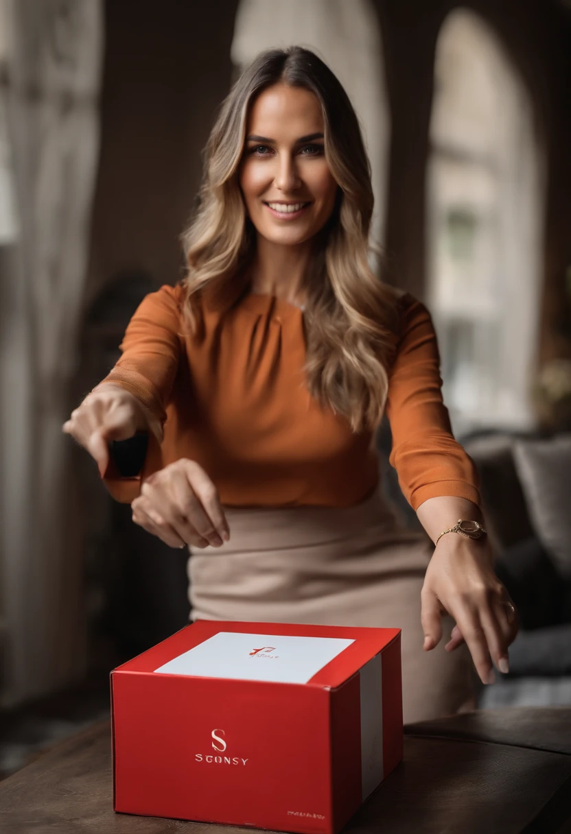 Create the image of a 30-year-old woman, dressed casually, showing a box with her right hand and pointing at the box with her left hand.
In high contrast, 8k. shot with Sony Alpha a9 II and Sony FE 200-600mm f/5.6-6.3 G OSS lens, natural light, hyper realistic photography, ultra detailed--q 2 --s 750 --ar 9:16