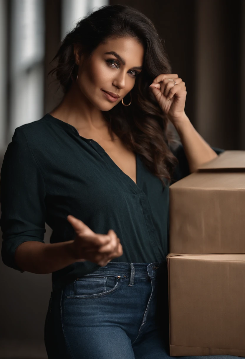Create the image of a 30-year-old woman, dressed casually, showing a box with her right hand and pointing at the box with her left hand.
In high contrast, 8k. shot with Sony Alpha a9 II and Sony FE 200-600mm f/5.6-6.3 G OSS lens, natural light, hyper realistic photography, ultra detailed--q 2 --s 750 --ar 9:16