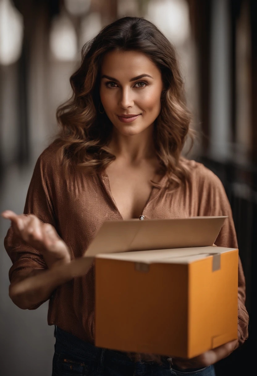 Create the image of a 30-year-old woman, dressed casually, showing a box with her right hand and pointing at the box with her left hand.
In high contrast, 8k. shot with Sony Alpha a9 II and Sony FE 200-600mm f/5.6-6.3 G OSS lens, natural light, hyper realistic photography, ultra detailed--q 2 --s 750 --ar 9:16