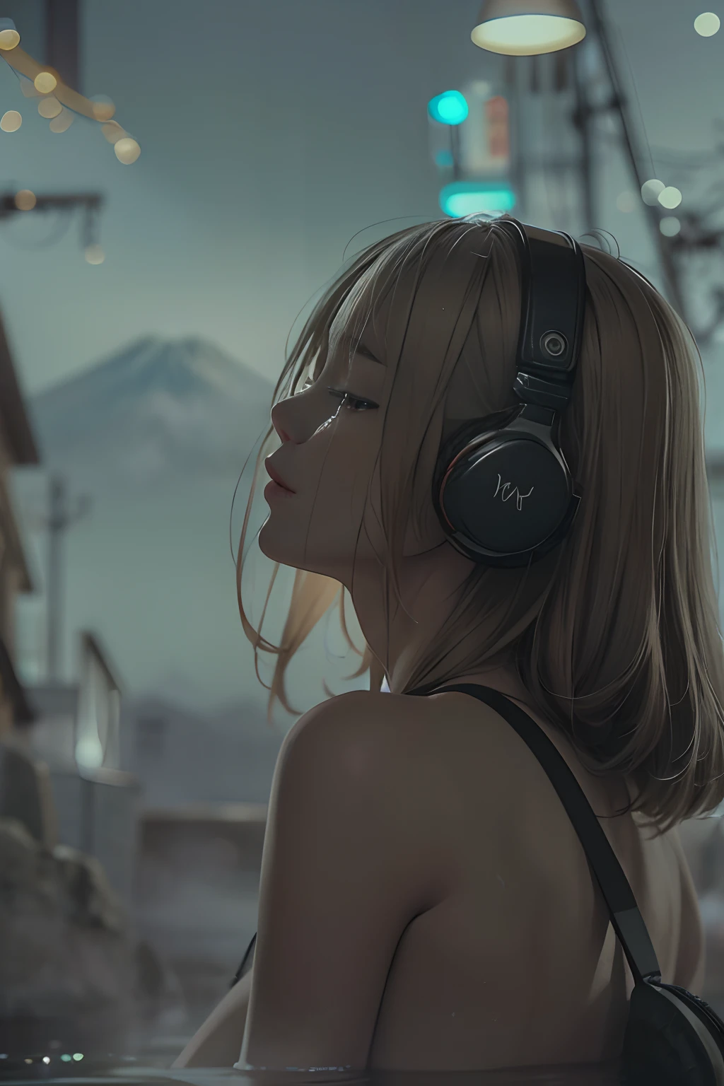 Ash blonde young bare woman with headphones soakin in the onsen and looking out over a fujiyama mountain night view, cinematic shot ar 9:16 -n 6 -g, realistic cinematic style, listening to music, cinematic feeling, music is life, audiophile, cinematic portrait, realistic cinematic, foggy atmoaphere,