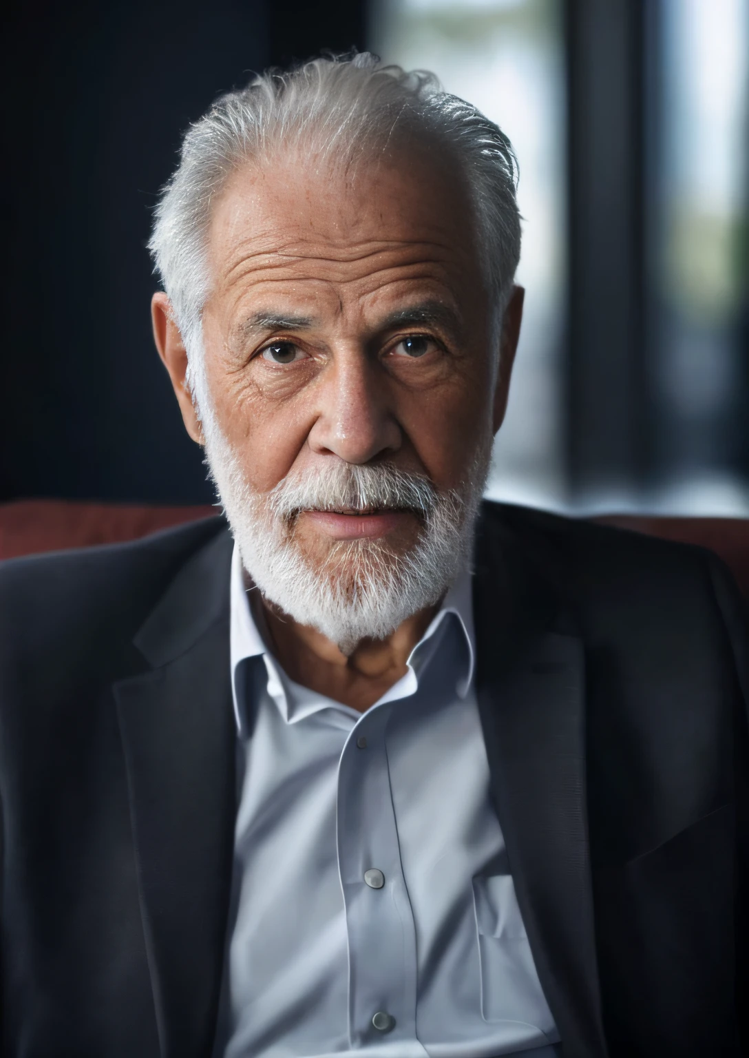 um close up de um homem de terno sentado em uma cadeira, homem bonito, ele tem barba e cabelos grisalhos, um homem de 80 anos, 7 0 anos, 70 anos, youtube video screenshot, ele tem cerca de 7 0 anos de idade, ele tem cerca de 60 anos, ele tem cerca de 6 0 anos de idade