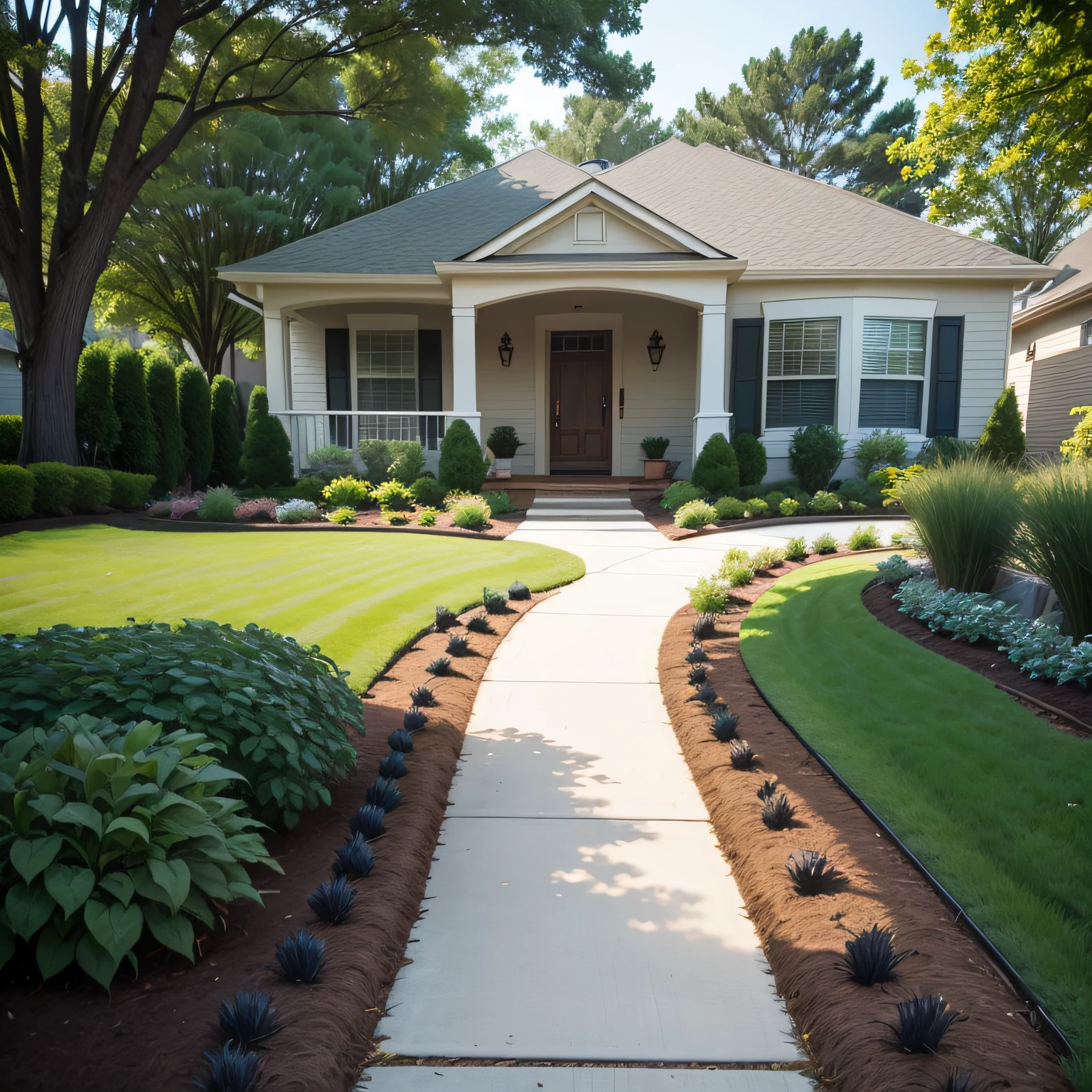 Front yard low maintenance landscape design with  Mulch Beds and Landscape Edging