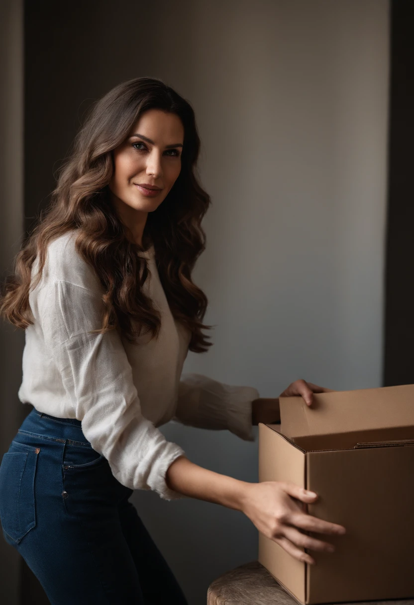 Create the image of a 30-year-old woman, dressed casually, showing a box with her right hand and pointing at the box with her left hand. In high contrast, 8k. shot with Sony Alpha a9 II and Sony FE 200-600mm f/5.6-6.3 G OSS lens, natural light, hyper realistic photography, ultra detailed--q 2 --s 750 --ar 9:16