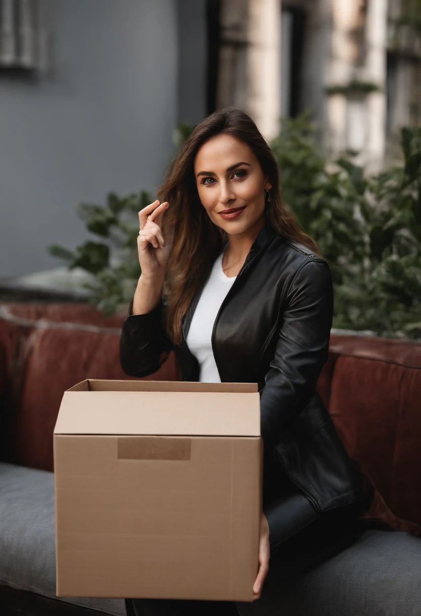 Create the image of a 30-year-old  woman, dressed casually, showing a box with her right hand and pointing at the box with her left hand. In high contrast, 8k. shot with Sony Alpha a9 II and Sony FE 200-600mm f/5.6-6.3 G OSS lens, natural light, hyper realistic photography, ultra detailed--q 2 --s 750 --ar 9:16