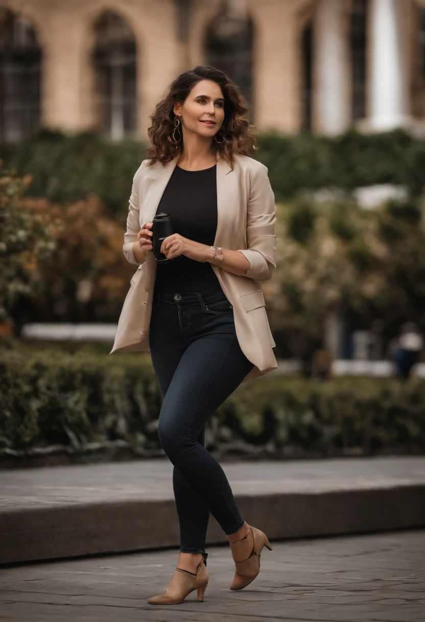 Create the image of a 30-year-old  woman, dressed casually, showing a box with her right hand and pointing at the box with her left hand. In high contrast, 8k. shot with Sony Alpha a9 II and Sony FE 200-600mm f/5.6-6.3 G OSS lens, natural light, hyper realistic photography, ultra detailed--q 2 --s 750 --ar 9:16