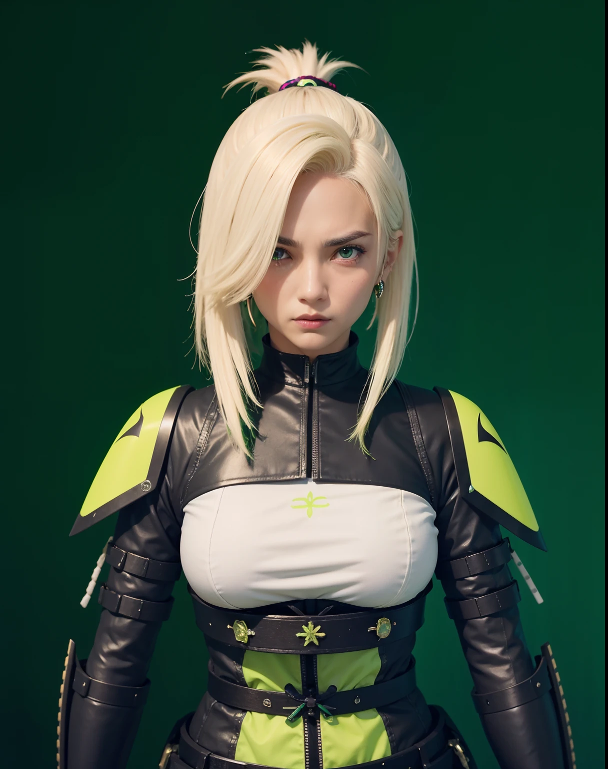 Uma mulher, cabelo curto branco, Wearing a black and neon green anime-style samurai armor.