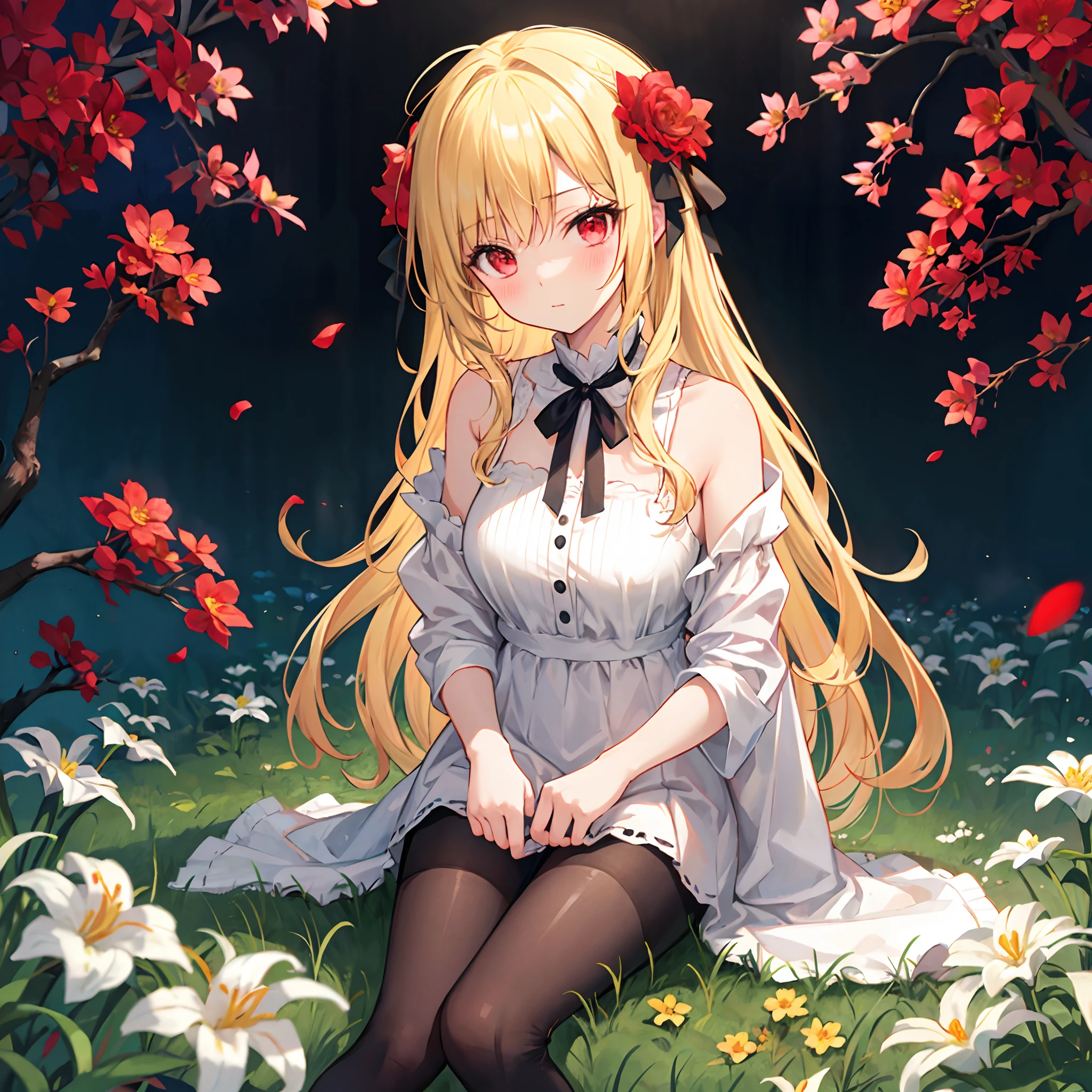 Wavy blonde、red eyes、Beautiful girl alone、red blush、Fluffy clothes、off shoulders、Black tights、flower field、sitting on