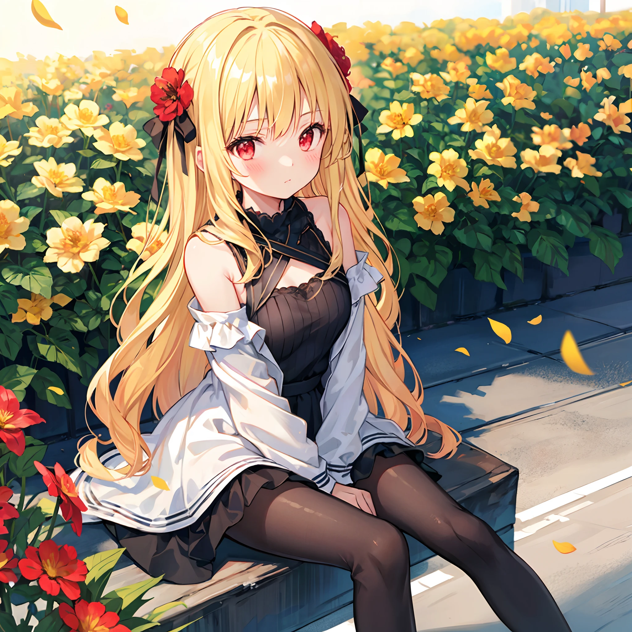 Wavy blonde、red eyes、Beautiful girl alone、red blush、Fluffy clothes、off shoulders、Black tights、flower  field、sitting on
