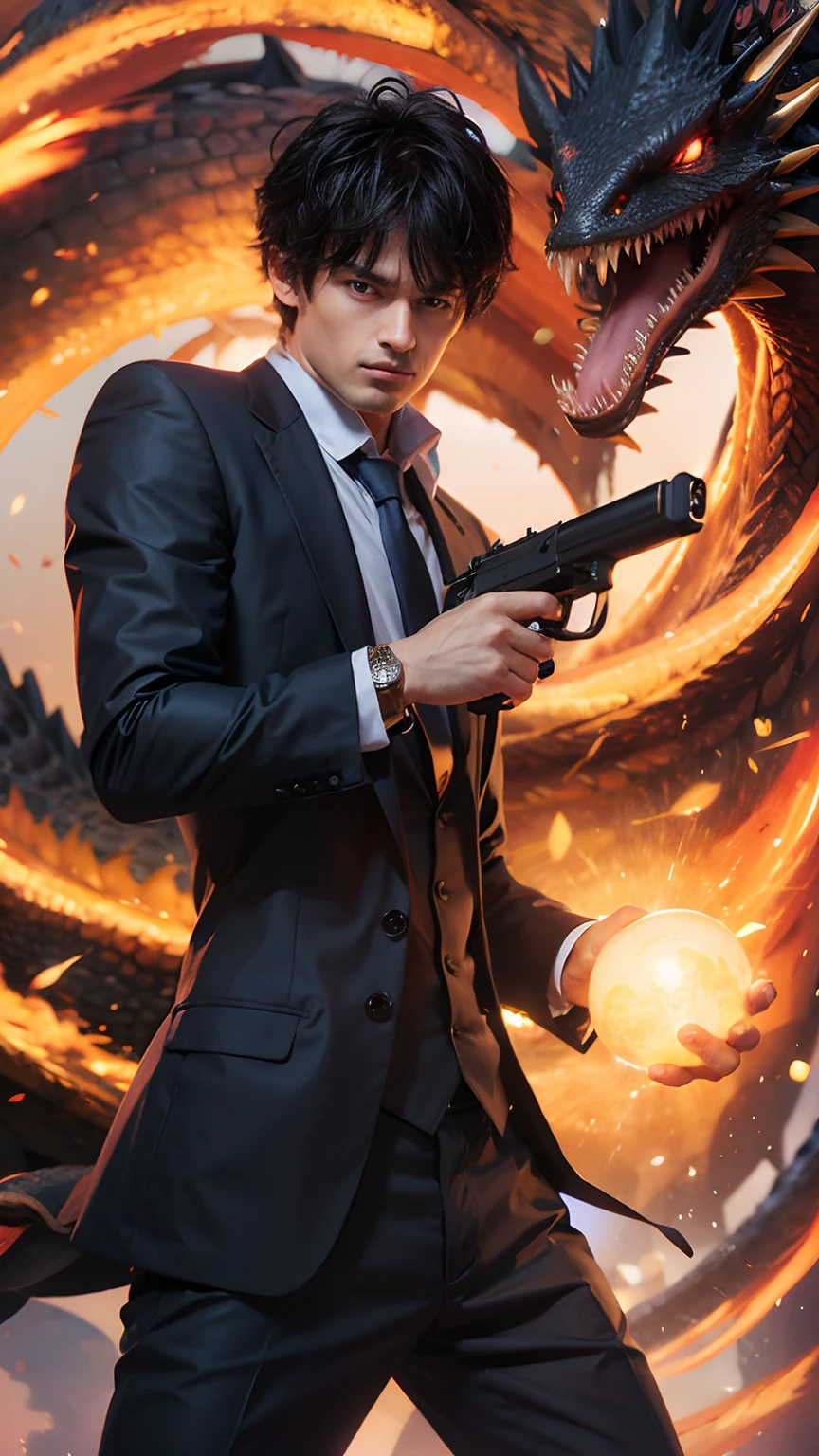 man in a suit holding a gun with a dragon in the background