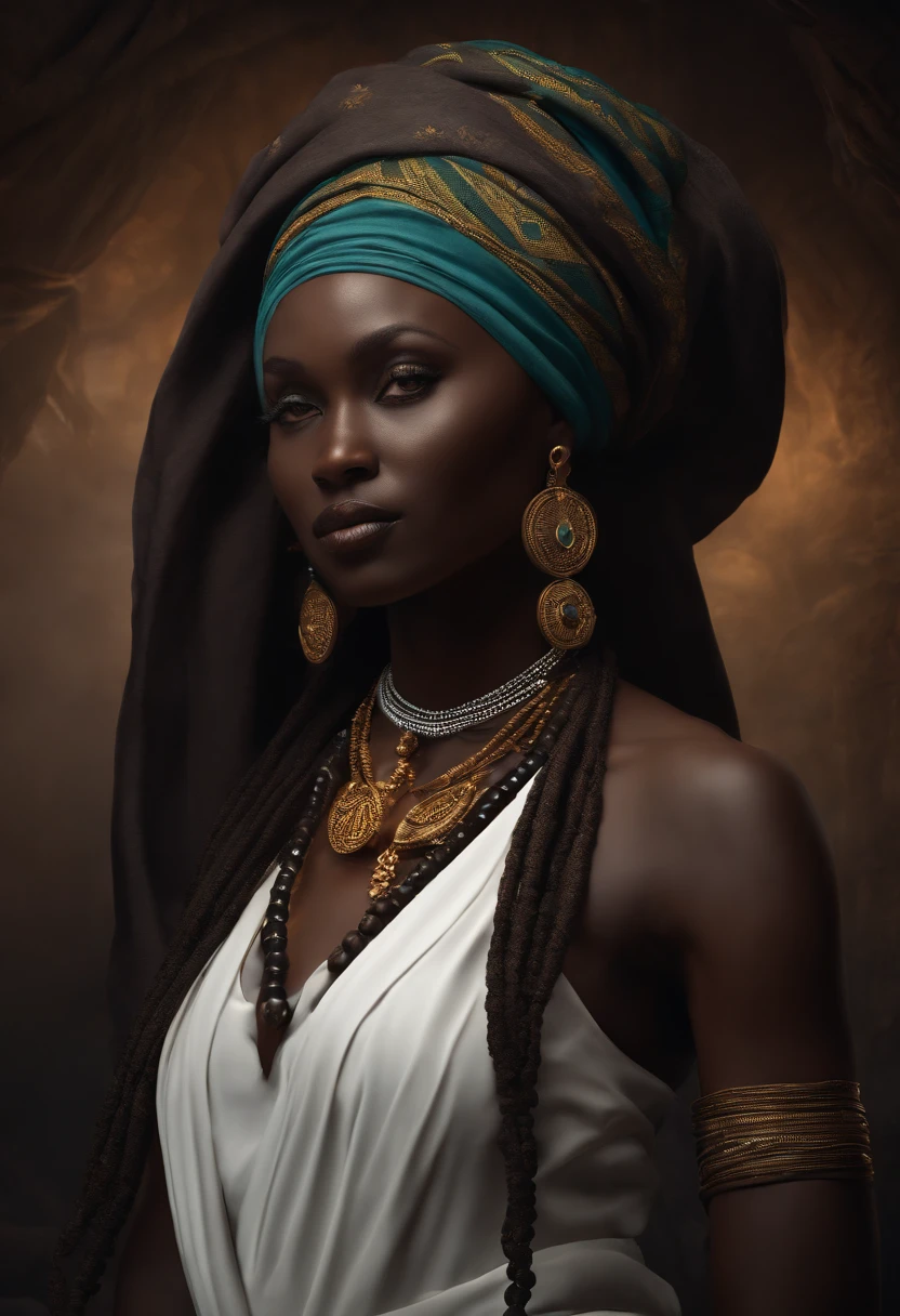 ((GHEDE MASAKA))) best quality, ultra-high resolution, 4K detailed CG, master piece, GHEDE MASAKA,Man,digger,bland clothes,white veil,African clothes, Voodoo mythology,dark tones, ((Loa Voodoo) ), African image, aesthetic, Centered screen, full body