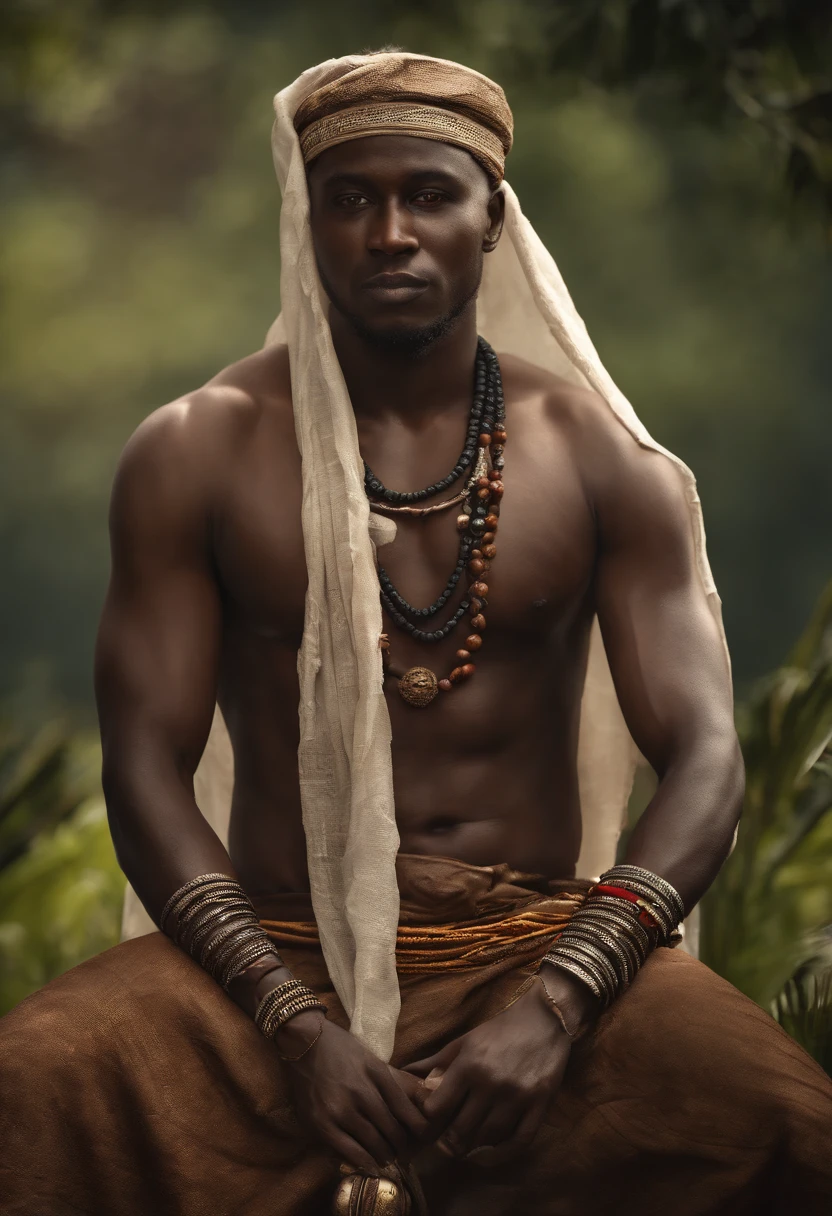 ((GHEDE MASAKA))) best quality, ultra-high resolution, 4K detailed CG, master piece, GHEDE MASAKA,Man,digger,bland clothes,white veil,African clothes, Voodoo mythology,dark tones, ((Loa Voodoo) ), African image, aesthetic, Centered screen, full body