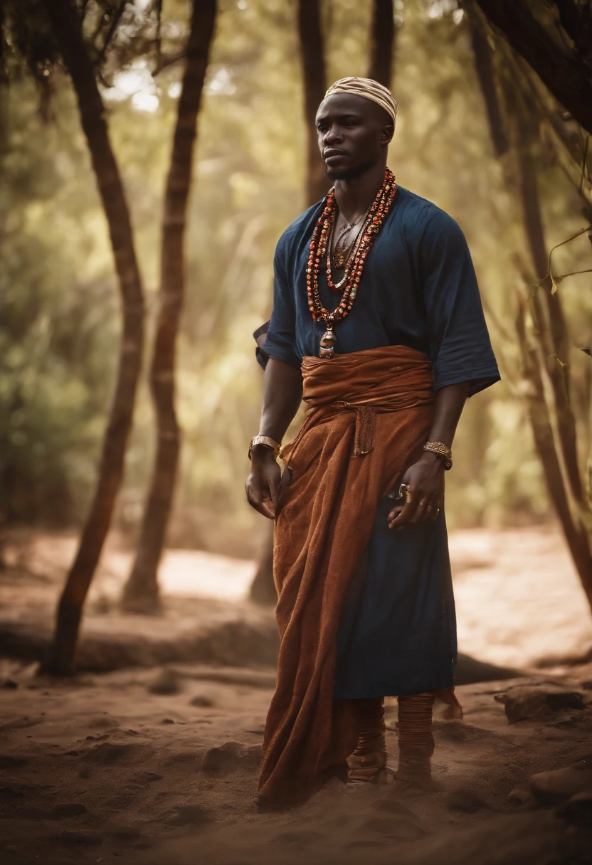 ((GHEDE MASAKA))) best quality, ultra-high resolution, 4K detailed CG, master piece, GHEDE MASAKA,Man,digger,bland clothes,white veil,African clothes, Voodoo mythology,dark tones, ((Loa Voodoo) ), African image, aesthetic, Centered screen, full body