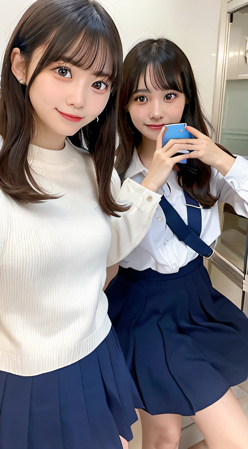 Two women taking pictures with their smartphones,23years old, facing back、high-school uniform:1.2,Dark blue skirt、White Short Sleeve Y-Shirt、inside in room、School Infirmary、shortsleeves、neck tie、A smile、laught