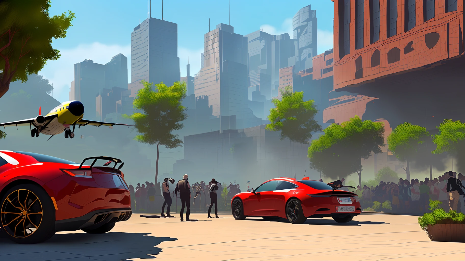 "Please translate everything. Create a fantastic place in the metaverse with buildings and people dueling in games, futuristic cars, never-before-seen planes, and lots of robots."