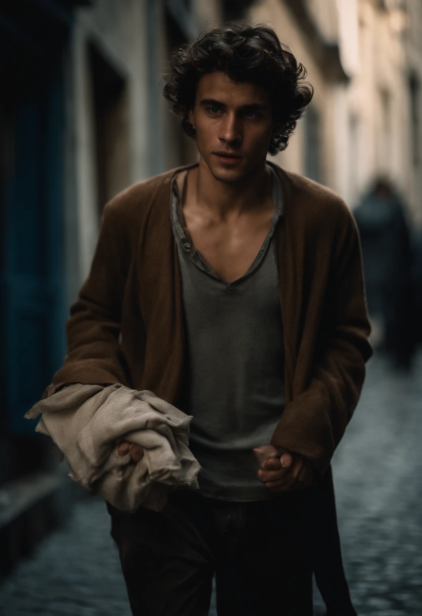 Very poor young man, qui n'a pas d'argent, The man is dirty and has torn clothes, il est au millieu d'une rue sale