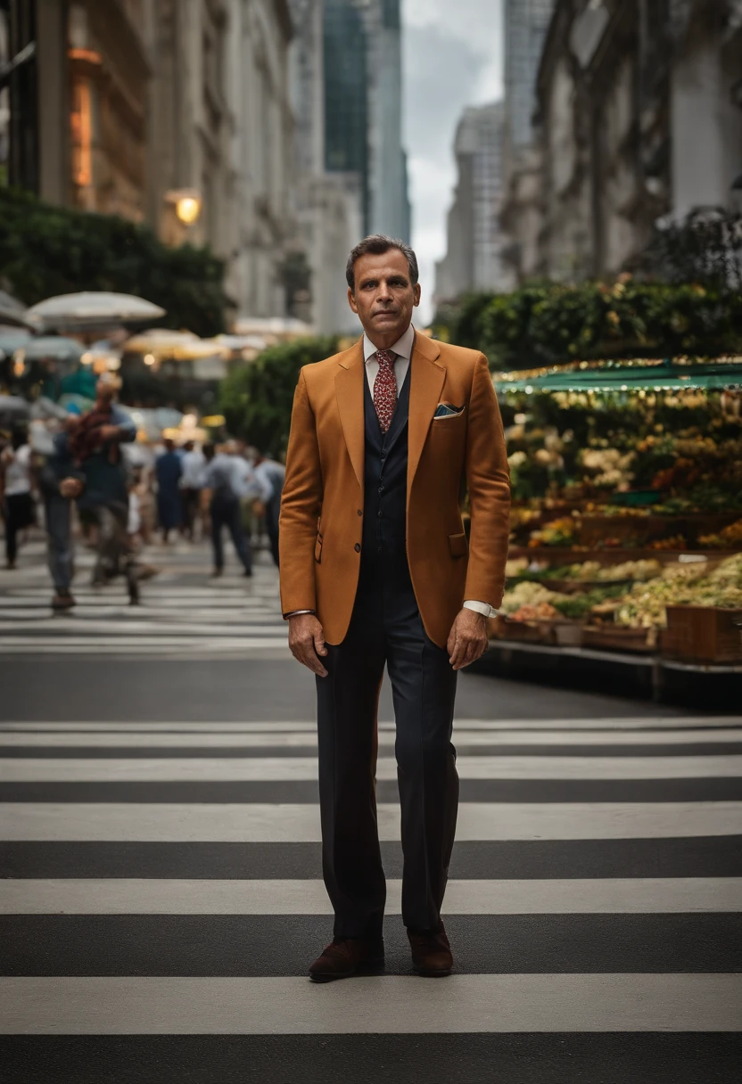 Um homem de terno, alto, 32 anos, on Avenida Paulista in São Paulo, Fotografia realista, professional portrait photography by Martin Schoeller, by Mark Mann, by Steve McCurry, bokeh, studio lighting, canon lens, shot on dslr, 64 megapixels, sharp focus
