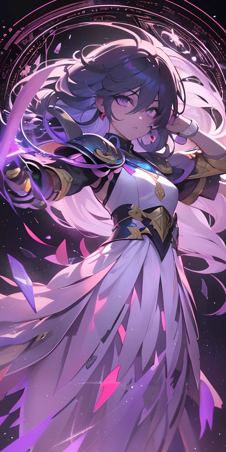 (masterpiece, best quality, ultra-detailed, best shadow), (detailed background,dark fantasy), (beautiful detailed face), high contrast, (best illumination, an extremely delicate and beautiful), ((cinematic light)), colorful, hyper detail, dramatic light, intricate details, (1girl, solo,white hair, sharp face,purple eyes, hair between eyes,dynamic angle), swirling black light around the character, depth of field,black light particles,(broken glass),magic circle, high detail, goddess, warrior, full body, holding magical sword,