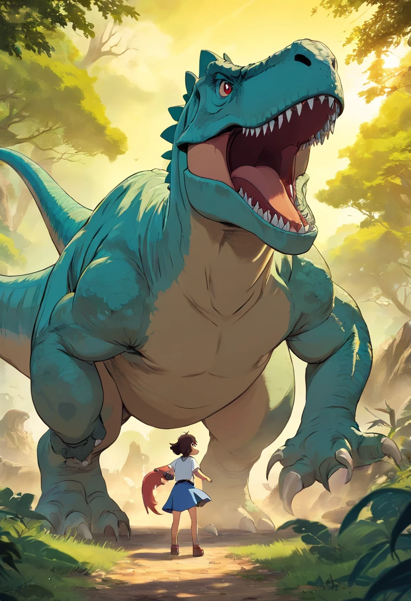 una feroz batalla entre un T-Rex y un triceratops, (La mejor calidad, 4k, Altas Resoluciones, Ultra detallado), Lucha intensa, rugidos y trompetas, Dusty prehistoric landscape, Sombras realistas, vivid colors, (Detallado, intrincado, elaborar) Escamas y texturas de dinosaurios, Dynamic Moves, (feroz, determinado) Expresiones en las caras de dinosaurios, (poderoso, muscular) Cuerpos, dientes afilados y cuernos, (big size ass, imponente) Size, (dramatic, dynamic) luci, (poderoso, energetic) Plantea, (tension, anticipation) En el aire,1 versus 1,sangre,cazando,defendiendose,lucha de vida o muerte