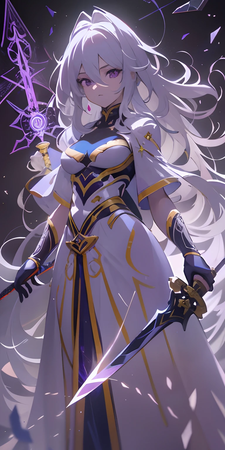 (masterpiece, best quality, ultra-detailed, best shadow), (detailed background,dark fantasy), (beautiful detailed face), high contrast, (best illumination, an extremely delicate and beautiful), ((cinematic light)), colorful, hyper detail, dramatic light, intricate details, (1girl, solo,white hair, sharp face,purple eyes, hair between eyes,dynamic angle), swirling black light around the character, depth of field,black light particles,(broken glass),magic circle, high detail, goddess, warrior, full body, holding magical sword,