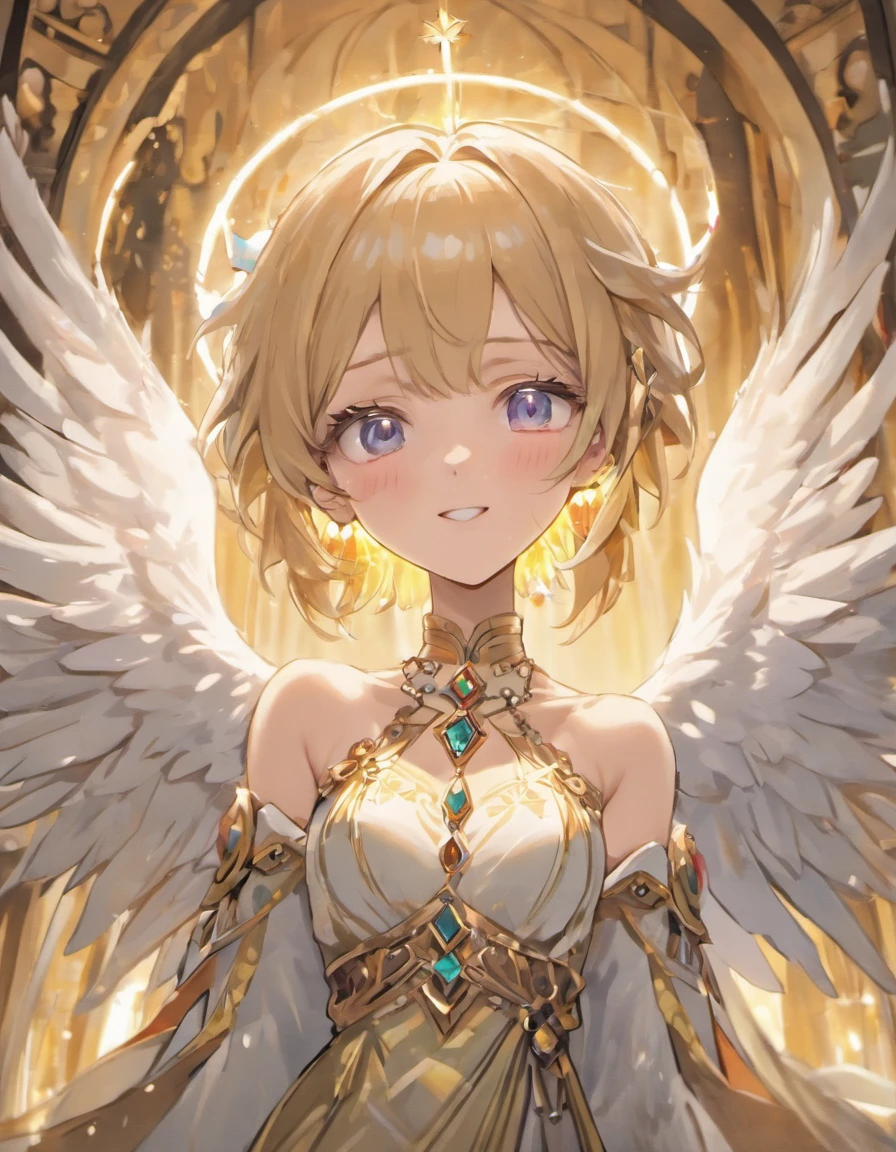 (number々award wining masterpiece, With incredible details, textures and maximum detail), (Ultra photo realsisim:1.4), (Realistic:1.3), (Top quality real texture skins), (perfect symmetrical eyes), finerly detailed face, (A ring of divine radiance overhead:1.5), ((medieval world)), ((((black angel of the Lord, white angel of the Lord)))), (Beautiful kind eyes), (She has a mischievous smile on her face), (Beautiful colored eyes full of compassion), (Angels dancing in the background), (Dramaticlight), (A majestic sight), (Her expression was serene and full of tenderness,Tremendously beautiful), ((large wings,There are pure white feathers behind the shoulders)), (((Folded wings))), Glass earrings on the ears, (((Dramatic photography))), (Twilight), (Sunset), (Dusk), (Divine pose), ((dramatic pose)), (flamboyant photo), (Golden hair), (Silver hair), (maroon hair), short detailed hair, ((full-body portraits)), ((head looking up)), ((Looking down)), ((full-body standing image)), ((gives full-body standing image)), (Around her neck is a simple necklace of exquisite workmanship), Old ruins infested with plants, great temple, great cathedral, Temple ruins, detached temple, Luminous magic circle, Ancient Castle Site, Deserted ruins, crumbling ruins, Ancient ruins with clear water, wavelets, flowingwater, Shining majestic cloud masses and sky, halo optical phenomenon, Holy light, epic realistic, ((com cores neutras)), (NFFSW:1.5), (pastel colour:1.2), ultra - detailed, Cinematic, warm lights, Dramaticlight, (Intricate details:1.1), the complex background,