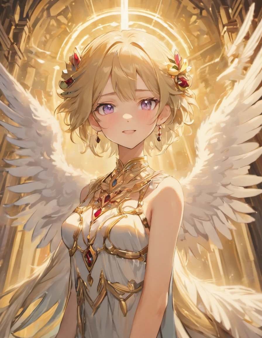 (number々award wining masterpiece, With incredible details, textures and maximum detail), (Ultra photo realsisim:1.4), (Realistic:1.3), (Top quality real texture skins), (perfect symmetrical eyes), finerly detailed face, (A ring of divine radiance overhead:1.5), ((medieval world)), ((((black angel of the Lord, white angel of the Lord)))), (Beautiful kind eyes), (She has a mischievous smile on her face), (Beautiful colored eyes full of compassion), (Angels dancing in the background), (Dramaticlight), (A majestic sight), (Her expression was serene and full of tenderness,Tremendously beautiful), ((large wings,There are pure white feathers behind the shoulders)), (((Folded wings))), Glass earrings on the ears, (((Dramatic photography))), (Twilight), (Sunset), (Dusk), (Divine pose), ((dramatic pose)), (flamboyant photo), (Golden hair), (Silver hair), (maroon hair), short detailed hair, ((full-body portraits)), ((head looking up)), ((Looking down)), ((full-body standing image)), ((gives full-body standing image)), (Around her neck is a simple necklace of exquisite workmanship), Old ruins infested with plants, great temple, great cathedral, Temple ruins, detached temple, Luminous magic circle, Ancient Castle Site, Deserted ruins, crumbling ruins, Ancient ruins with clear water, wavelets, flowingwater, Shining majestic cloud masses and sky, halo optical phenomenon, Holy light, epic realistic, ((com cores neutras)), (NFFSW:1.5), (pastel colour:1.2), ultra - detailed, Cinematic, warm lights, Dramaticlight, (Intricate details:1.1), the complex background,
