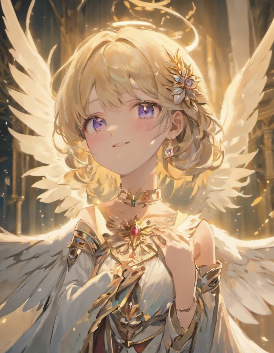 (number々award wining masterpiece, With incredible details, textures and maximum detail), (Ultra photo realsisim:1.4), (Realistic:1.3), (Top quality real texture skins), (perfect symmetrical eyes), finerly detailed face, (A ring of divine radiance overhead:1.5), ((medieval world)), ((((black angel of the Lord, white angel of the Lord)))), (Beautiful kind eyes), (She has a mischievous smile on her face), (Beautiful colored eyes full of compassion), (Angels dancing in the background), (Dramaticlight), (A majestic sight), (Her expression was serene and full of tenderness,Tremendously beautiful), ((large wings,There are pure white feathers behind the shoulders)), (((Folded wings))), Glass earrings on the ears, (((Dramatic photography))), (Twilight), (Sunset), (Dusk), (Divine pose), ((dramatic pose)), (flamboyant photo), (Golden hair), (Silver hair), (maroon hair), short detailed hair, ((full-body portraits)), ((head looking up)), ((Looking down)), ((full-body standing image)), ((gives full-body standing image)), (Around her neck is a simple necklace of exquisite workmanship), Old ruins infested with plants, great temple, great cathedral, Temple ruins, detached temple, Luminous magic circle, Ancient Castle Site, Deserted ruins, crumbling ruins, Ancient ruins with clear water, wavelets, flowingwater, Shining majestic cloud masses and sky, halo optical phenomenon, Holy light, epic realistic, ((com cores neutras)), (NFFSW:1.5), (pastel colour:1.2), ultra - detailed, Cinematic, warm lights, Dramaticlight, (Intricate details:1.1), the complex background,