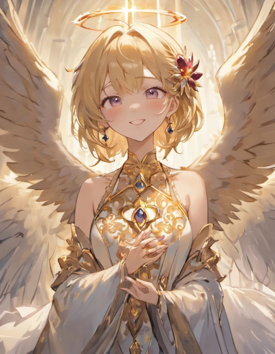 (number々award wining masterpiece, With incredible details, textures and maximum detail), (Ultra photo realsisim:1.4), (Realistic:1.3), (Top quality real texture skins), (perfect symmetrical eyes), finerly detailed face, (A ring of divine radiance overhead:1.5), ((medieval world)), ((((black angel of the Lord, white angel of the Lord)))), (Beautiful kind eyes), (She has a mischievous smile on her face), (Beautiful colored eyes full of compassion), (Angels dancing in the background), (Dramaticlight), (A majestic sight), (Her expression was serene and full of tenderness,Tremendously beautiful), ((large wings,There are pure white feathers behind the shoulders)), (((Folded wings))), Glass earrings on the ears, (((Dramatic photography))), (Twilight), (Sunset), (Dusk), (Divine pose), ((dramatic pose)), (flamboyant photo), (Golden hair), (Silver hair), (maroon hair), short detailed hair, ((full-body portraits)), ((head looking up)), ((Looking down)), ((full-body standing image)), ((gives full-body standing image)), (Around her neck is a simple necklace of exquisite workmanship), Old ruins infested with plants, great temple, great cathedral, Temple ruins, detached temple, Luminous magic circle, Ancient Castle Site, Deserted ruins, crumbling ruins, Ancient ruins with clear water, wavelets, flowingwater, Shining majestic cloud masses and sky, halo optical phenomenon, Holy light, epic realistic, ((com cores neutras)), (NFFSW:1.5), (pastel colour:1.2), ultra - detailed, Cinematic, warm lights, Dramaticlight, (Intricate details:1.1), the complex background,