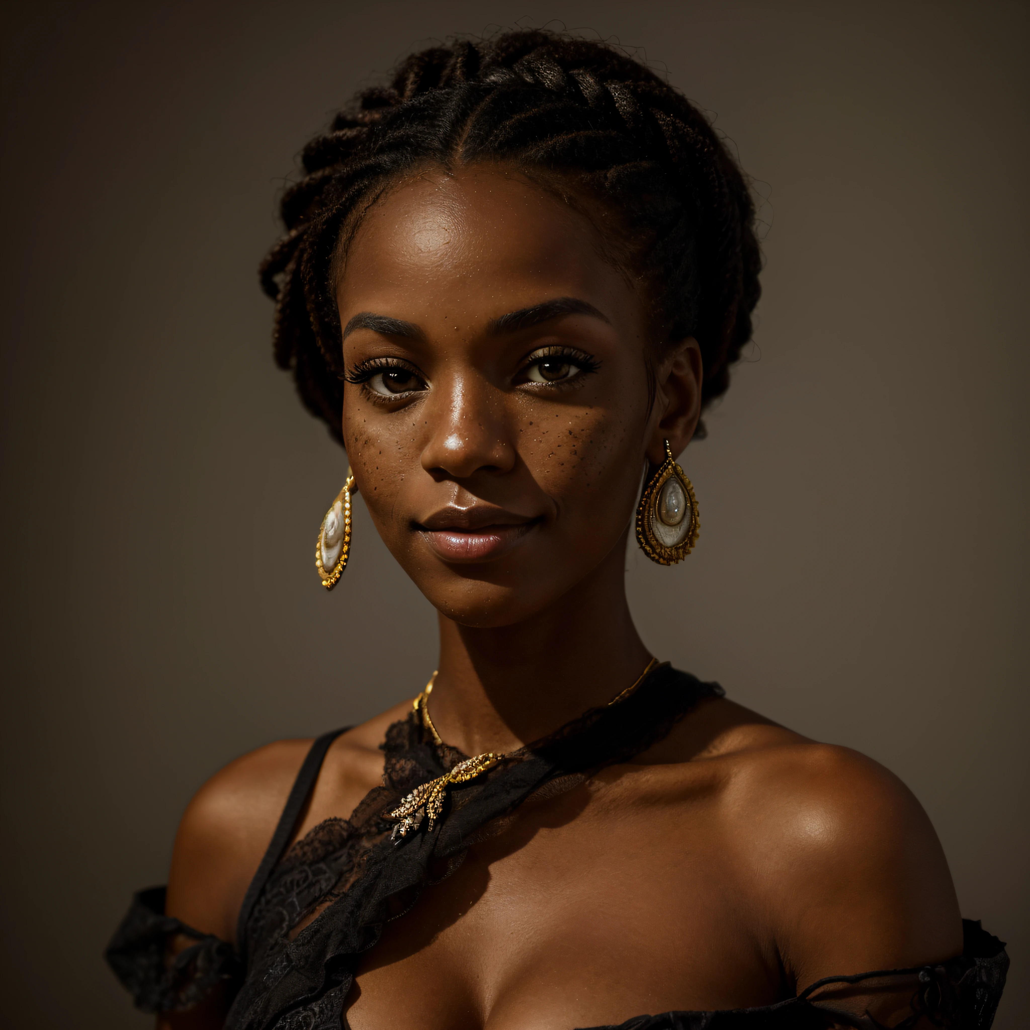 An exquisite portrait of a jamaican women with deep ebony skin, the photograph captured in stunning 8k resolution and raw format to preserve the highest quality of details. The woman's beauty is undeniable. She wears a deep cut dress that complements her radiant skin, and her eyes are portrayed with meticulous attention to detail, showcasing the captivating depth within. The photograph is taken with a lens that emphasizes the gentle smile in her eyes, and the backdrop is a dark studio setting that enhances the muted colors of the scene. The lighting and shadows are expertly crafted to bring out the richness of her skin tone and the subtle nuances of her features. Her ginger hair, with its distinct hue, adds a touch of warmth and contrast against her ebony skin. The interior setting adds a sense of intimacy, while the freckles on her skin tell their own story. The overall composition captures her essence with authenticity and grace, creating a portrait that is a celebration of her heritage and beauty. Photography utilizing the best techniques for shadow and lighting, to create a mesmerizing portrayal that transcends the visual, slightly tilted head, (extreme iris details:1.4), (clear skin:1.3),