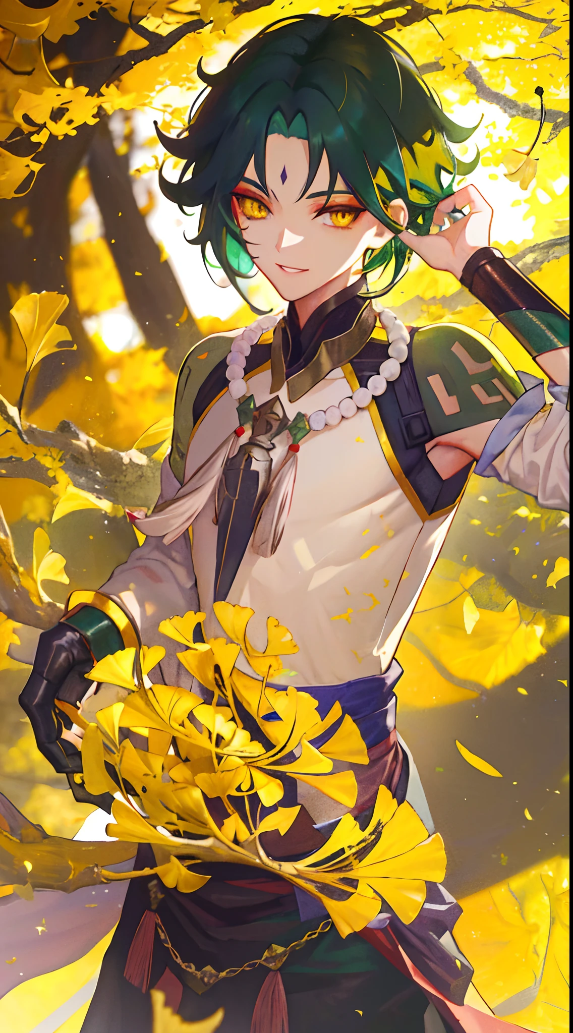 1boy,dark green hair,best quality,masterpiece,extremley,yellow eyes,male focus,beautiful eyes, make a head hands, wink, smile, ginkgo leaves in background