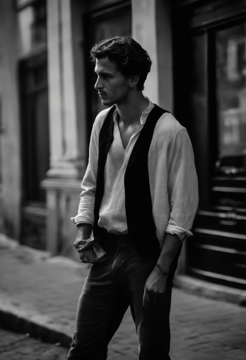 Very poor young man, qui n'a pas d'argent, The man is dirty and has torn clothes, il est au millieu d'une rue sale, l'homme doit parettre moche
