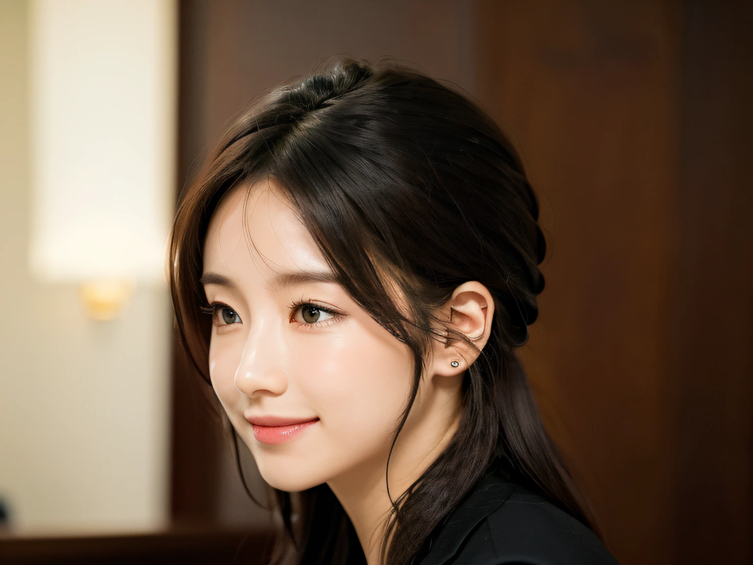Hotel reception、face forcus、Female front desk staff,Black jacket、Pink button-down shirt、A picture、Delicate side face、Close-up of the ears、Hair does not cover the ears、Detailed lips、A detailed eye、A smile