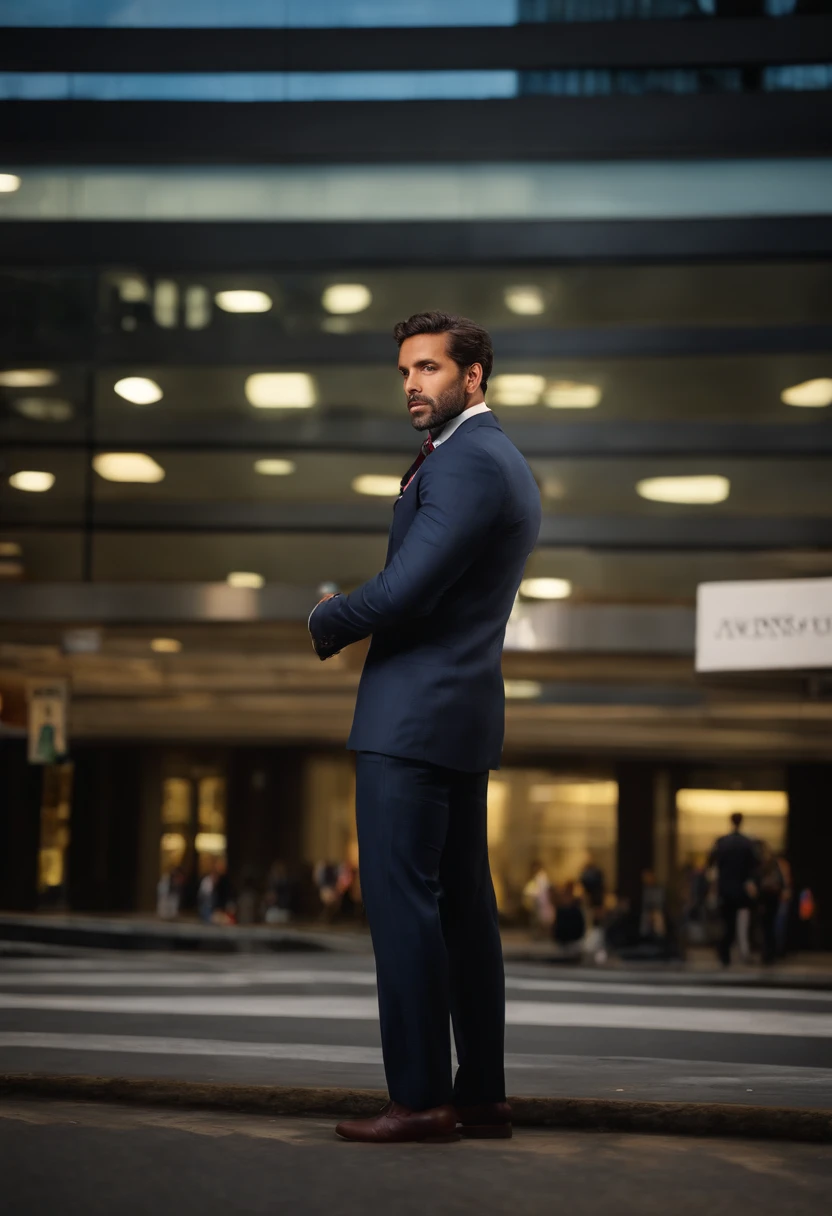 Um modelo masculino de terno, alto, 29 anos, on Avenida Paulista in São Paulo, Fotografia realista, professional portrait photography by Martin Schoeller, by Mark Mann, by Steve McCurry, bokeh, studio lighting, canon lens, shot on dslr, 64 megapixels, sharp focus