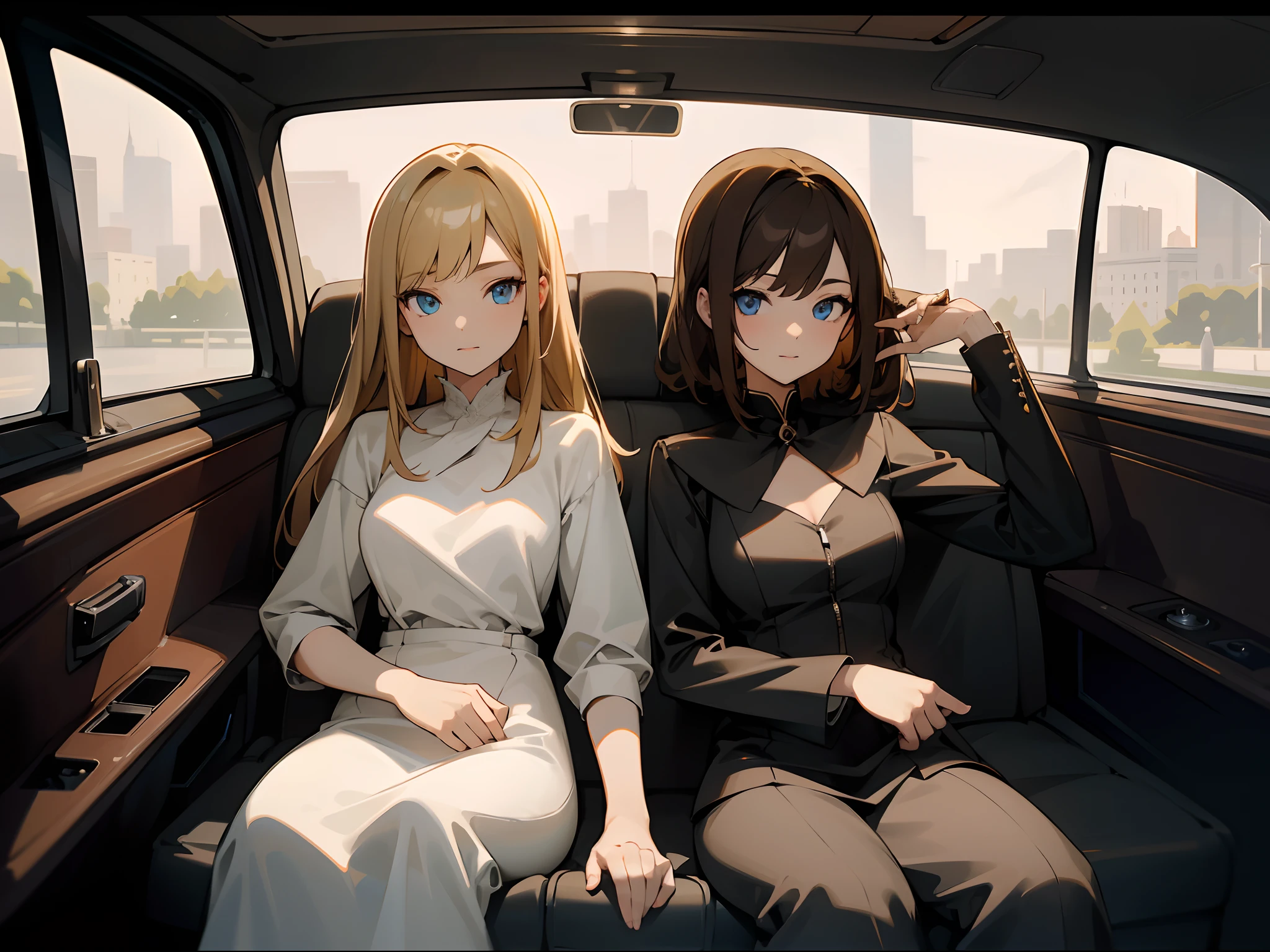 there are seats in the back of a stretch limousine, high end interior, leather interior, elegant interior, luxury, alternate angle, interior background, bottom angle, bright light masterpiece, interior shot, thumbnail, inside of a car, glowing interior components, dark classic interior, interior, very elegant features, scenic full shot. two sexy bachelorettes, (1 girl with brown hair), (1 girl with blonde hair), sitting inside limousine, looking at viewer, symmetrical, highres, (two shot), (medium long shot), (2girls), (view from front), (blue eyes)