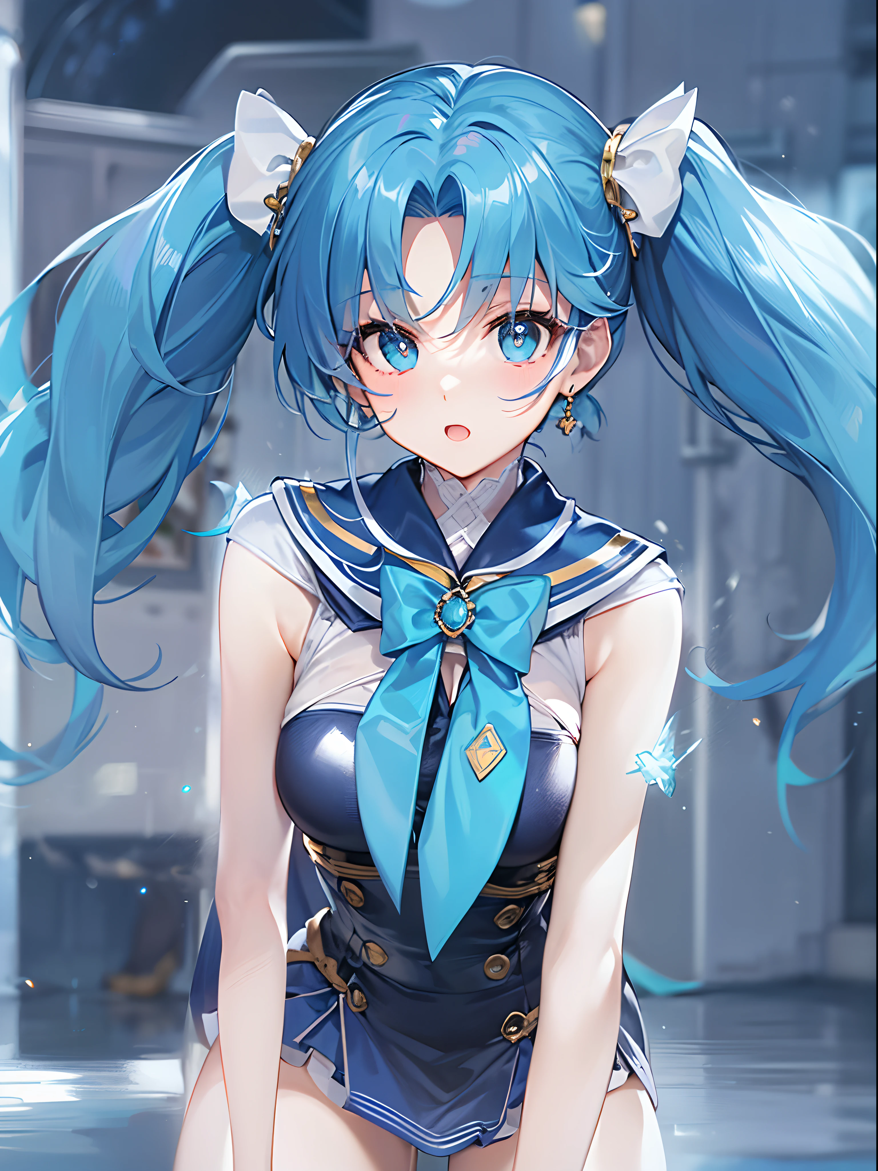 Best quality,Masterpiece,21 years old,1lady,mature face,bishojo,At night,Rich background,Sailor Mercury,tall girl:1.1,Sailor warrior suit, Blue hair, hair has covered one eye,Blue pupils,Long latex gloves,Long legs:1.2,(a very tall girl),smooth legs,smooth thighs,Slender:1.2,beautiful legs:1.3,Thin legs,Thin thighs:1.2,standing:1.1((,From behind:1.1)),dynamic posture,Full body shot:1.2,White solid blue skirt, Blue collar,The bust apron is decorated with a light blue bow, Solid blue round gemstone on bow on chest,White three-ring gloves,Blue-and-white-edged half-heeled boots,