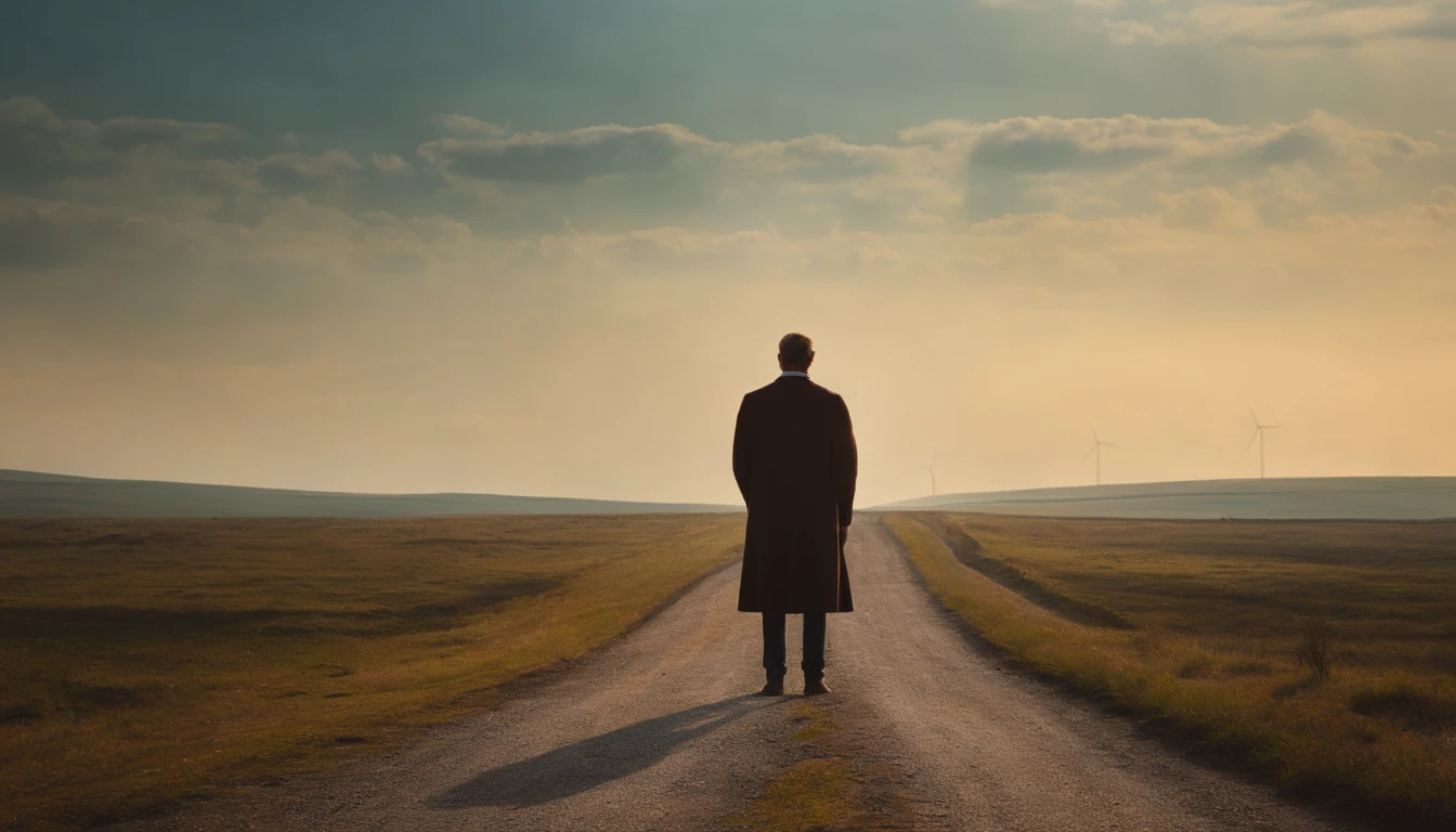 A person stands at a crossroads, looking thoughtfully at two different paths in front of him. One path is well-trodden and familiar. The other is less defined, turning toward a hazy horizon.
