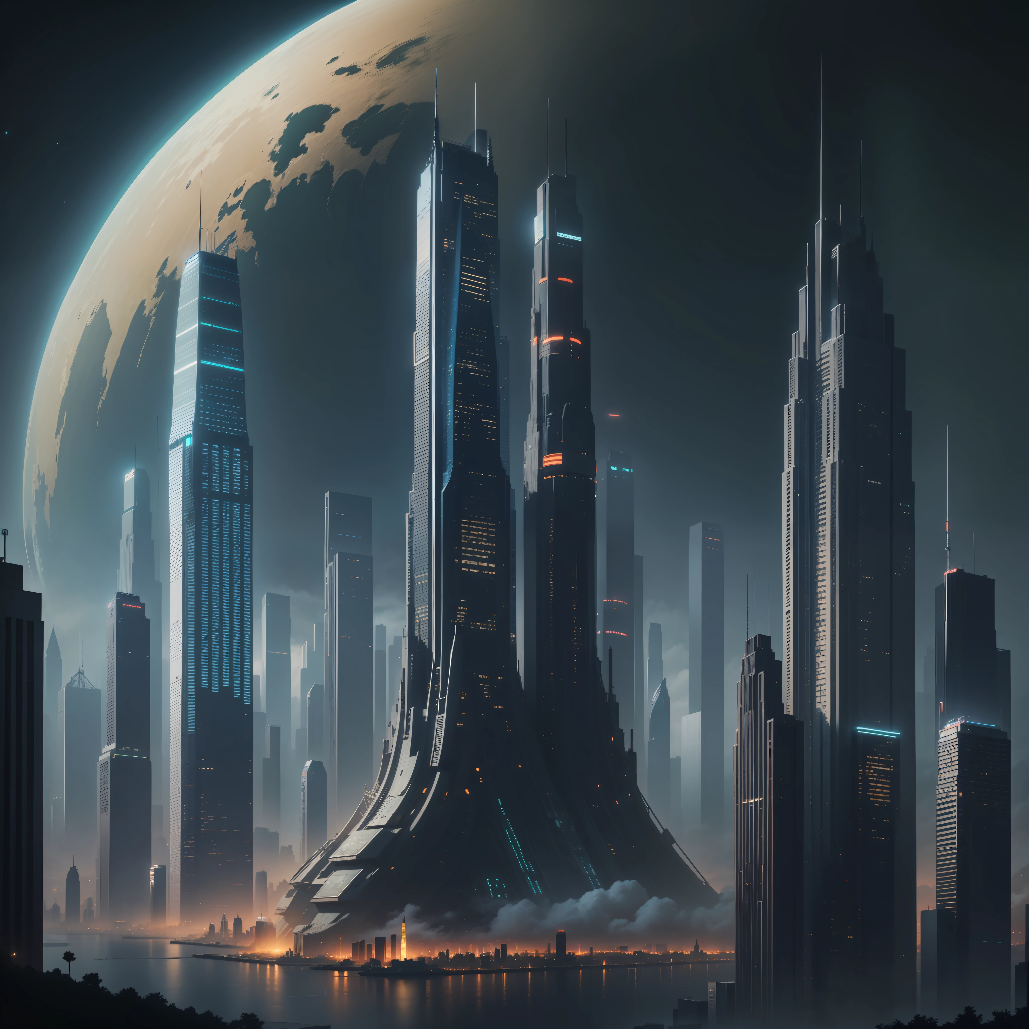 planetes big city cyberpunked Skyscrapers epcot Terraforming SF Utopia top-quality masterpiece 超A high resolution Megacities nighttime scene