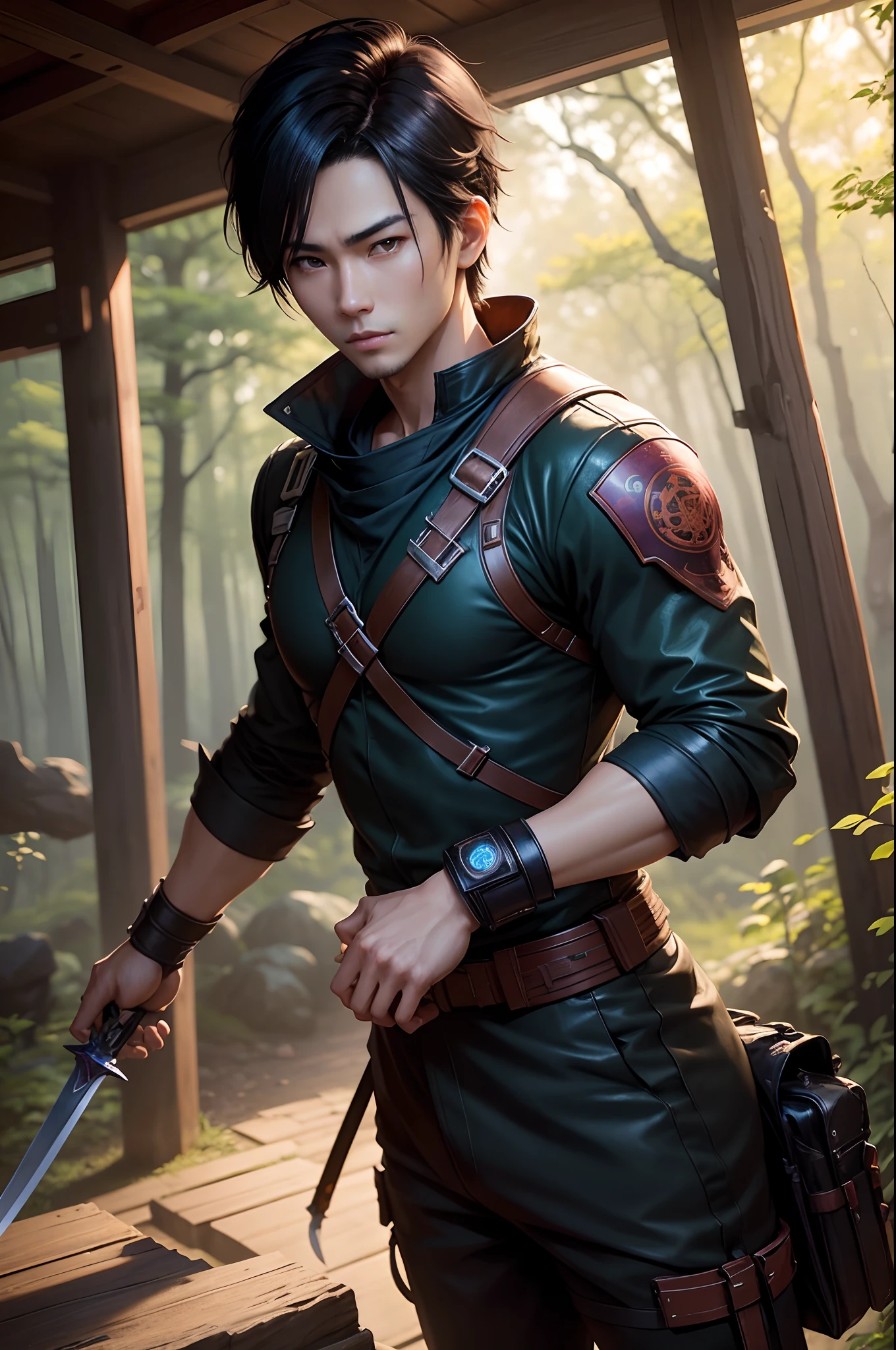 There are Japan young men, Super handsome young Japan man,Soldier costumes and pants,Has a very large Japan sword,Short-haired black hair,3 d render character art 8 k, wojtek fus, fantasy style 8 k octane render, ross tran 8 k, By Shinkai Makoto ( Apex Legends ), amazing 8k character concept art, badass anime 8 K, artwork in the style of guweiz, trending on artstation 4k,in woods,