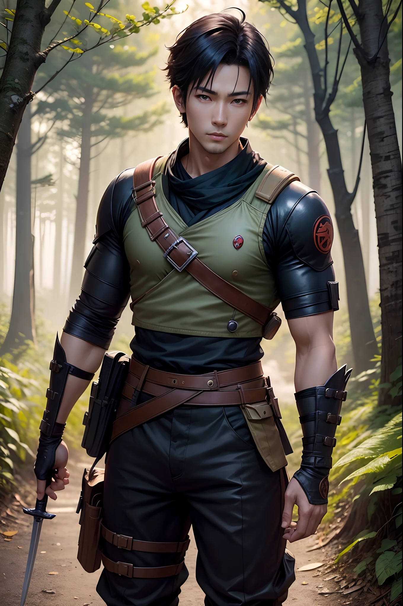 There are Japan young men, Super handsome young Japan man,Soldier costumes and pants,Has a very large Japan sword,Short-haired black hair,3 d render character art 8 k, wojtek fus, fantasy style 8 k octane render, ross tran 8 k, By Shinkai Makoto ( Apex Legends ), amazing 8k character concept art, badass anime 8 K, artwork in the style of guweiz, trending on artstation 4k,in woods,