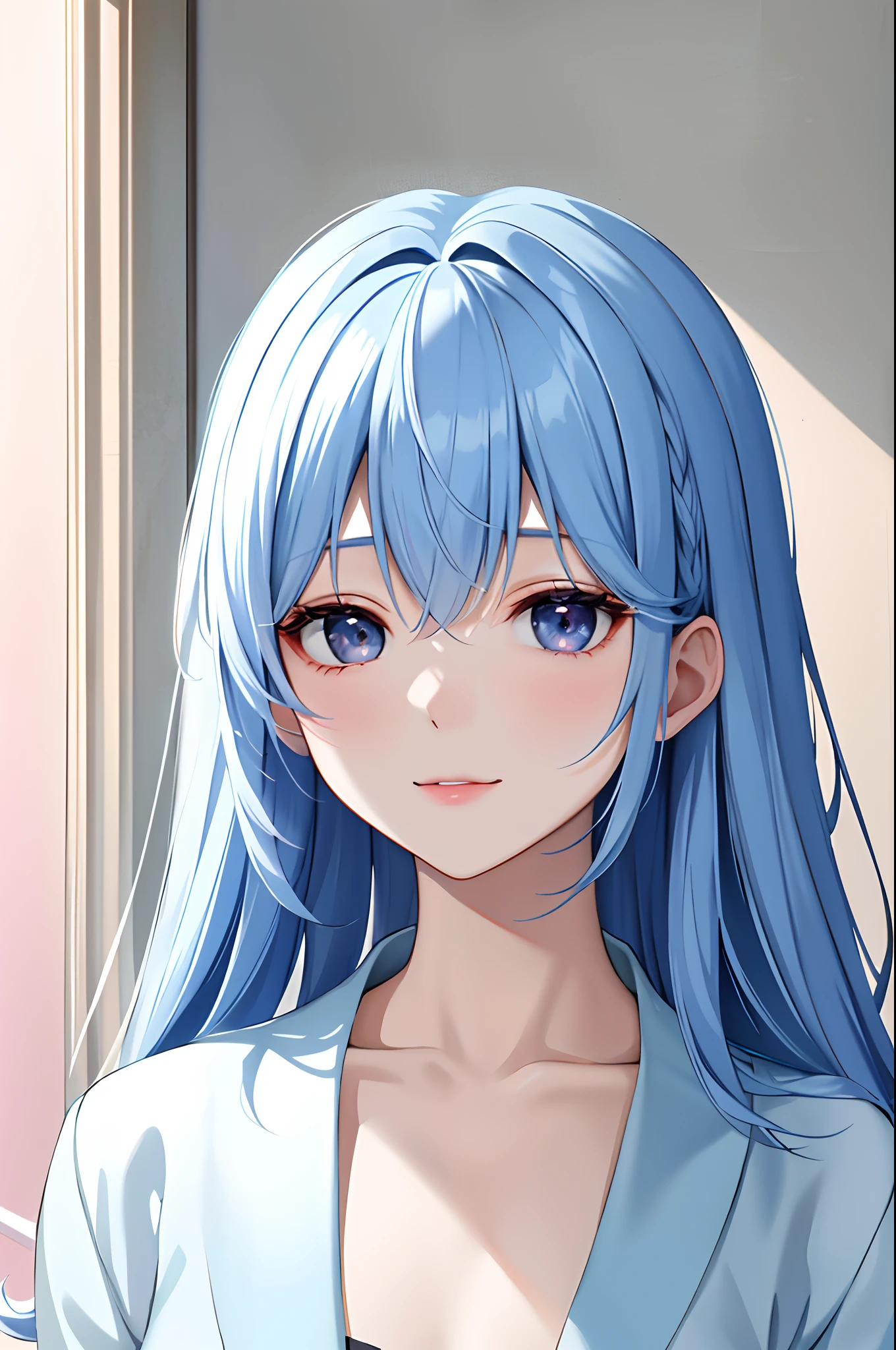 Absurdres, Masterpiece, Best quality, light colors, pastel colors, korean girl with Beautiful face , a character from kdrama , blue hair with bangs, eyebags, happy face