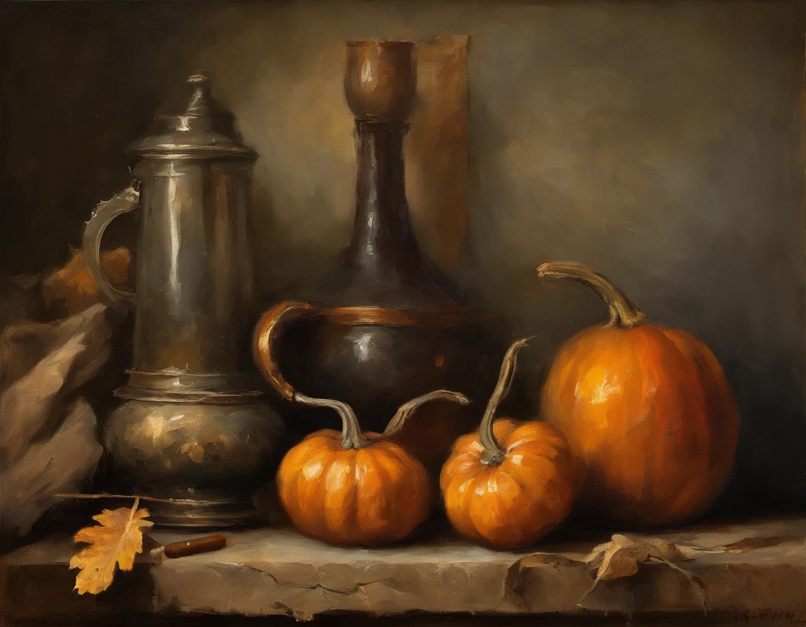 Oil painting, (Golden ratio) Heavy brushstrokes, Tray knives, paint drips, Evil Halloween pumpkin scene, Sit in the old kitchen, baroque, A dramatic contrast between light and dark, Emotional intensity, Tenebrism, Soft edges, oil on the canvas, romanticism lain, baroque, Realism, Chiaroscuro, Dutch Golden Age, impasto, author:Rembrandt van Rein, author:Rembrandt, Rich, Deep colors, A layered image colored by a cell, Golden ratio, Award-Awarded, professional, Highly detailed, Intricate, voluminetric lighting, Gorgeous, Masterpiece, Sharp focus, Depth of field, Perfectcomposition, award winner, art stations, acrycle painting, Pixiv fan box trend, Palette knife and brush strokes, 16K High Resolution, hyper HD